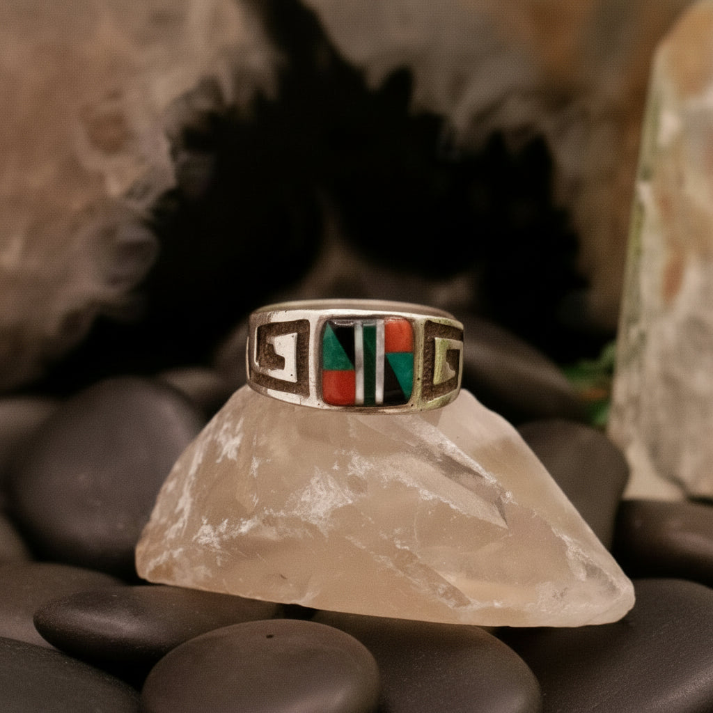 Vintage Navajo Zuni Sterling Silver and Multi-Gemstones Inlayed Ring size 8.5