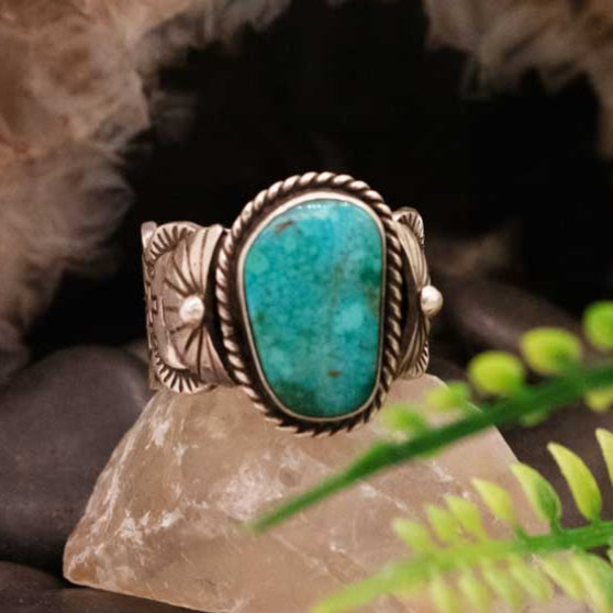 Bruce Morgan Navajo Sterling Silver & Water Webber Kingman Turquoise Ring- Size 12.5