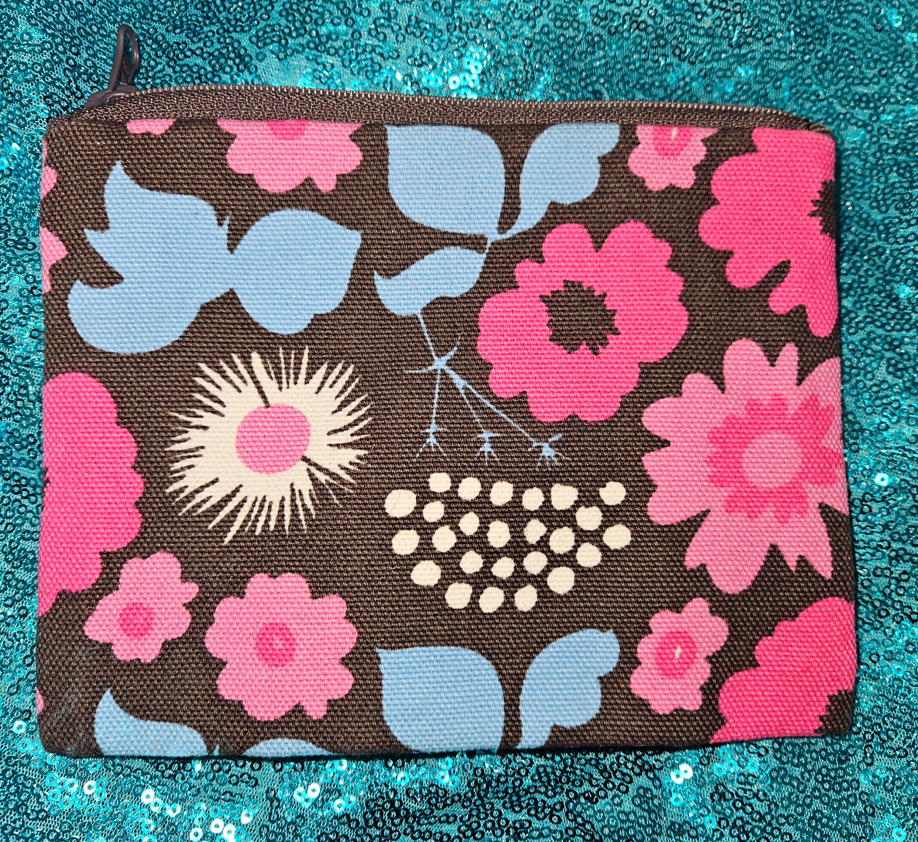 Marimekko Pencil Bag Brown with Pink and Blue Floral Design