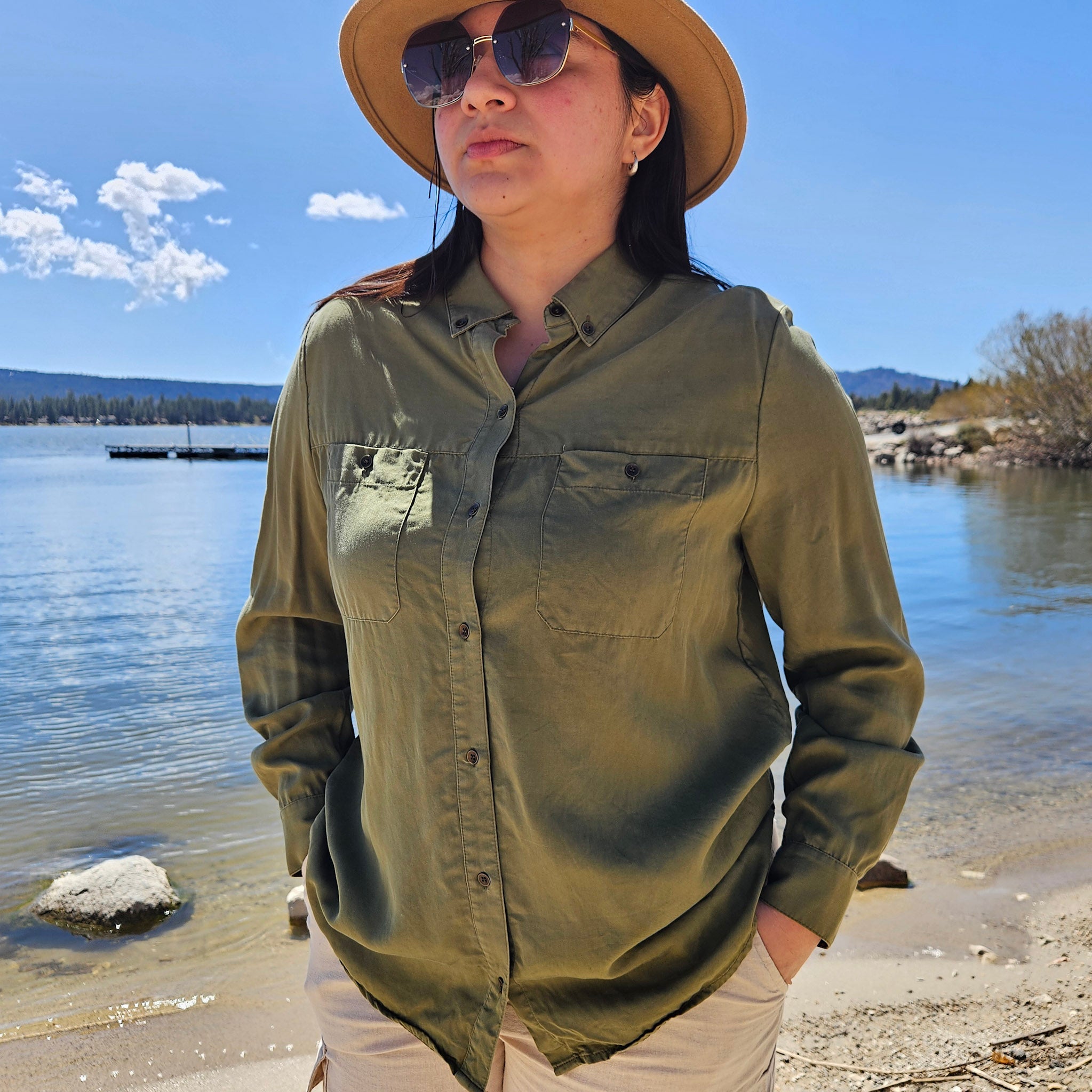 Vintage Pendleton Olive Green Women's Long Sleeve Button up with Navajo Geometric Embroidered Design