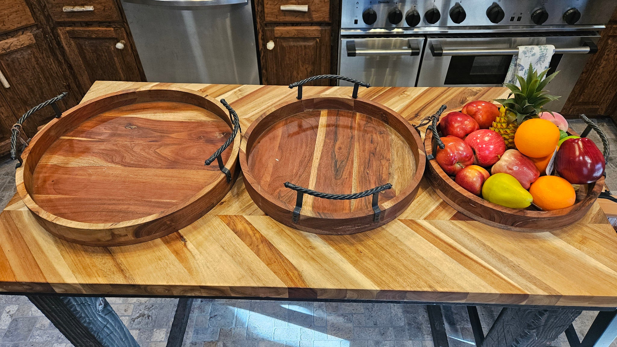 Acacia Wood Serving Trays with Metal Handles