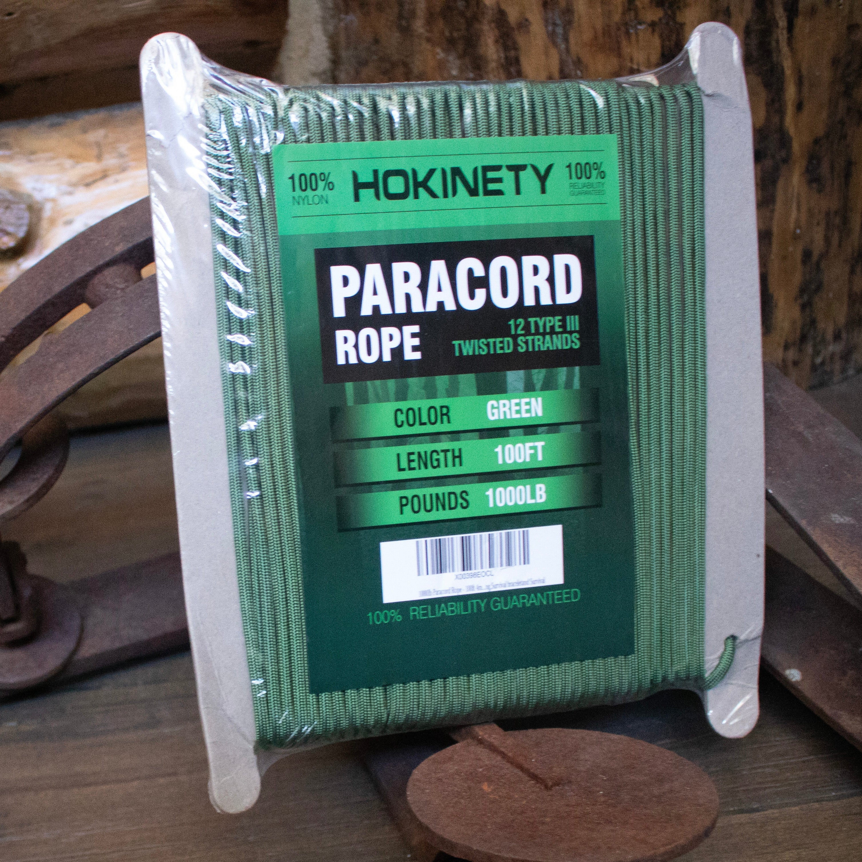 A green spool of Hokinety paracord rope 100% durable nylon Hokinety Paracord Rope