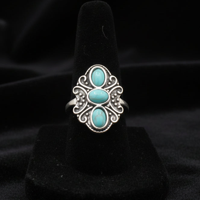 Silver tone Three Stone Faux Turquoise Ring size 6.5
