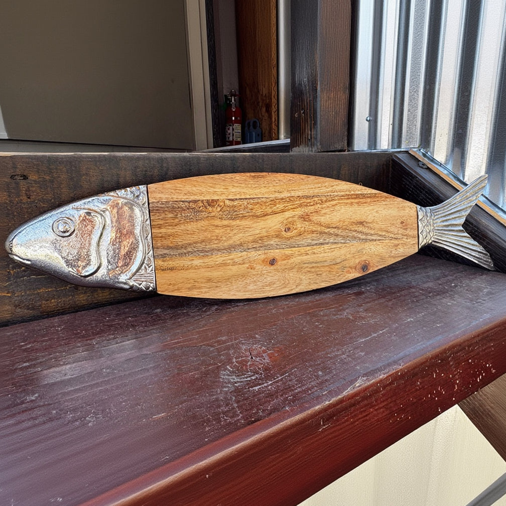 Beautiful Sardine Collection Wood and Pewter Fish Charcuterie Platter