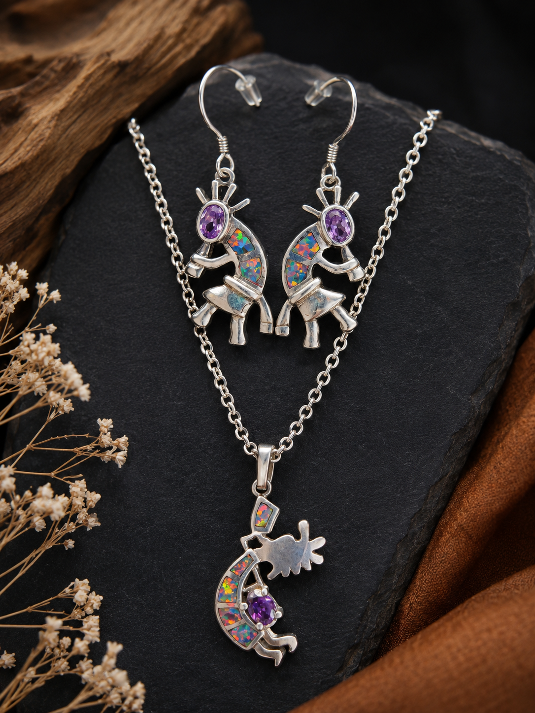 Sterling Silver Kokopelli Opal Inlay Pendant & Earrings Set