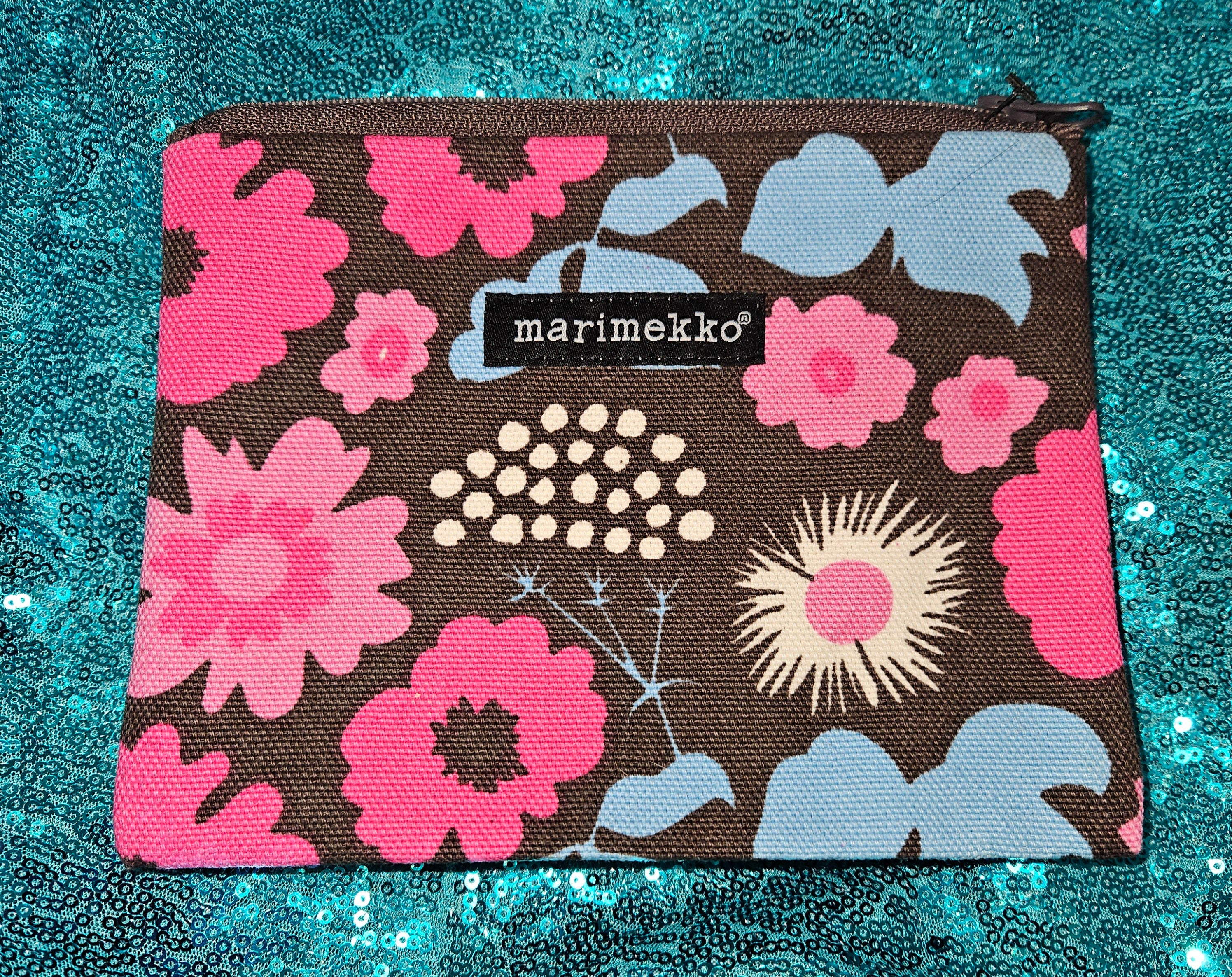 Marimekko Pencil Bag Brown with Pink and Blue Floral Design