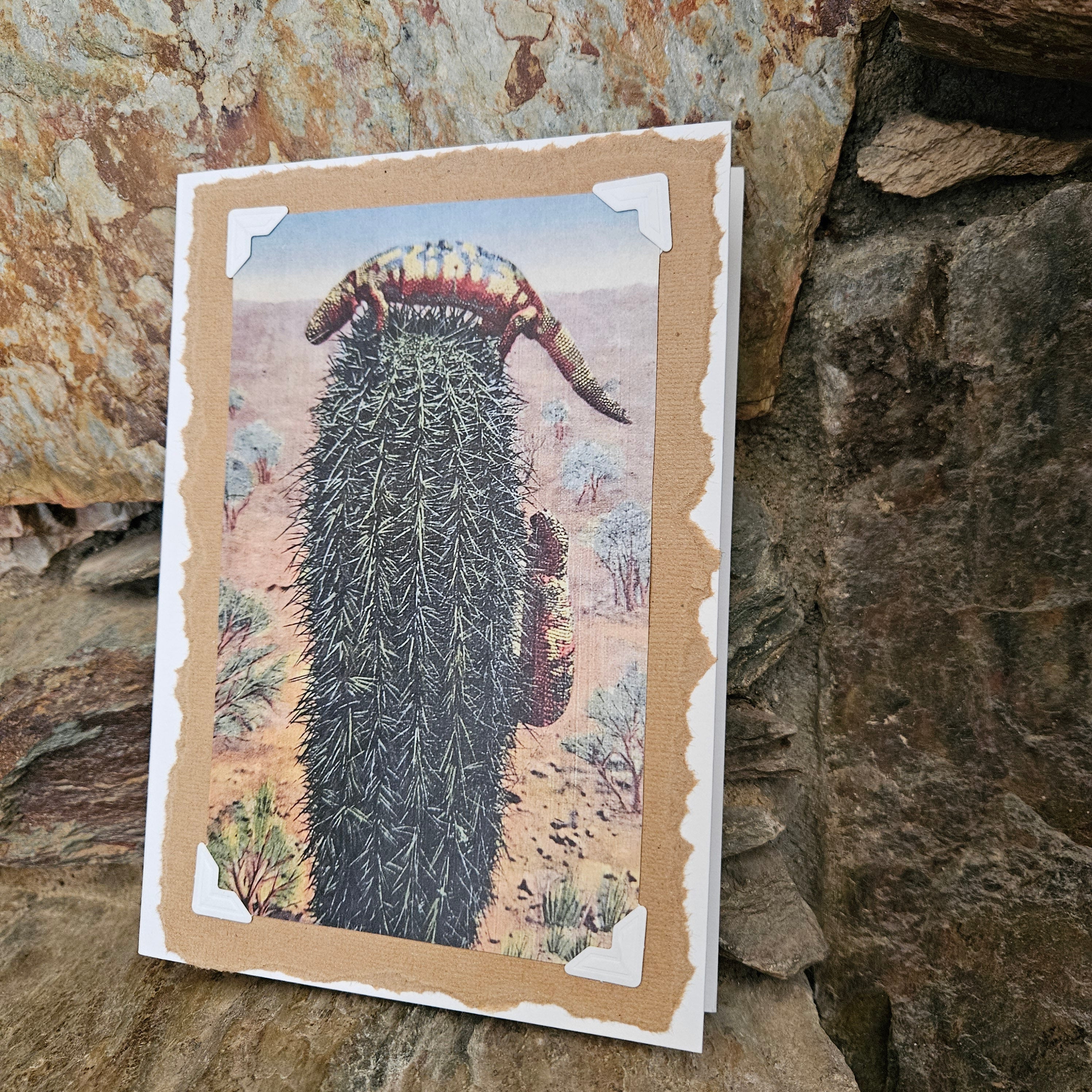 Beautifully Hand Crafted Custom Created Greeting Card Series by Diane Stegman "Two Gila Monster Lizards Climbing a Cactus"