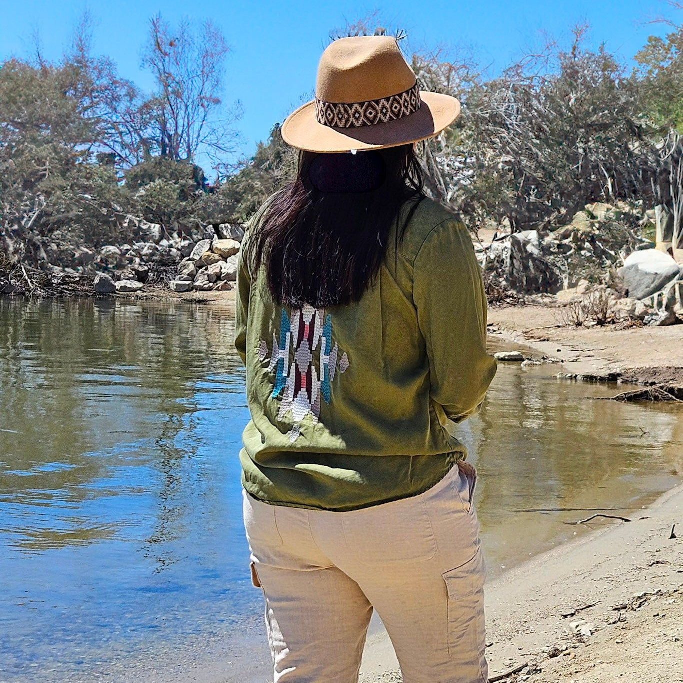 Vintage Pendleton Olive Green Women's Long Sleeve Button up with Navajo Geometric Embroidered Design