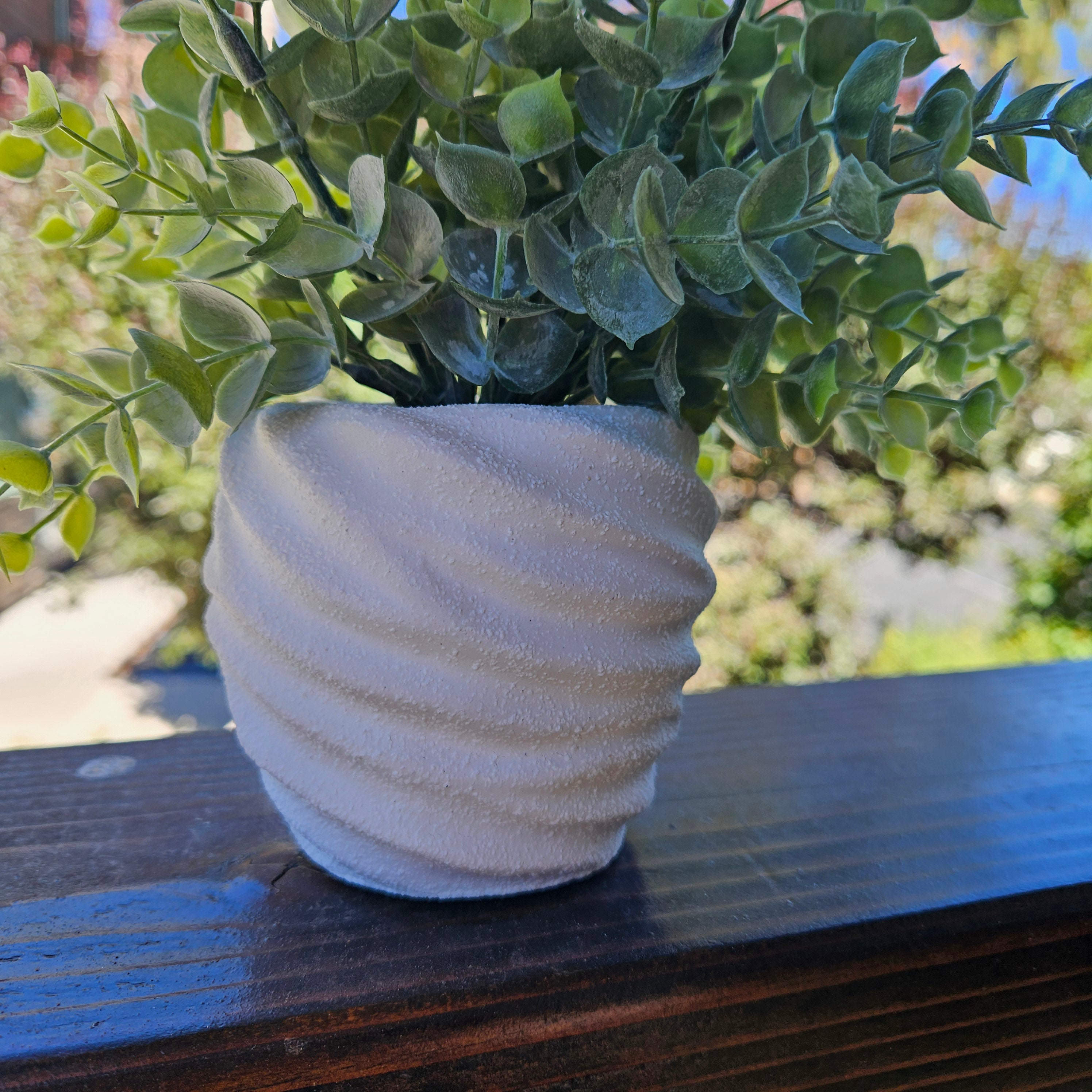 Faux Powered Eucalyptus Plant in a Rounded Ripple Ceramic Pot