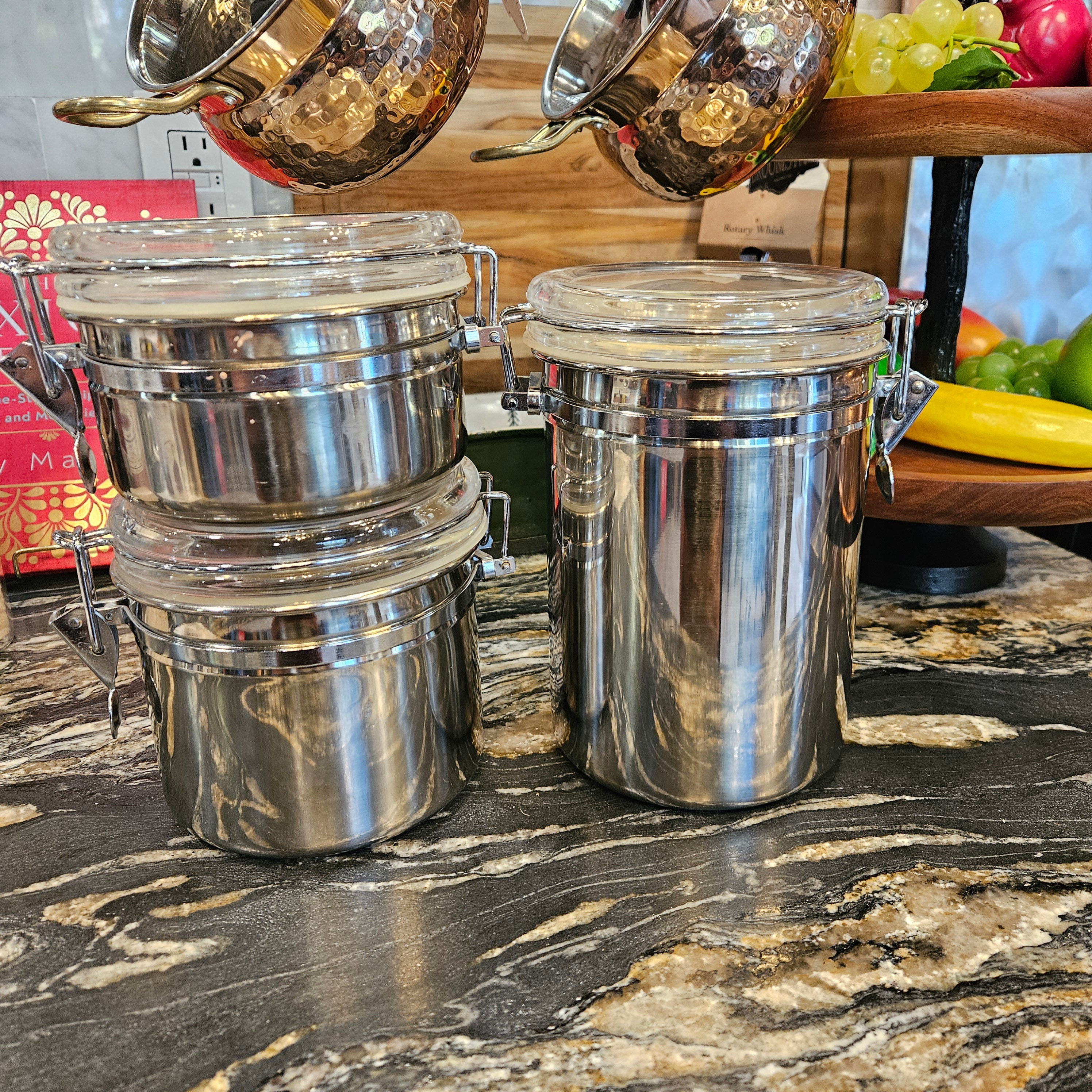 Stainless Steel Food Storage Container Set 3-Piece Airtight Canisters with Locking Lids