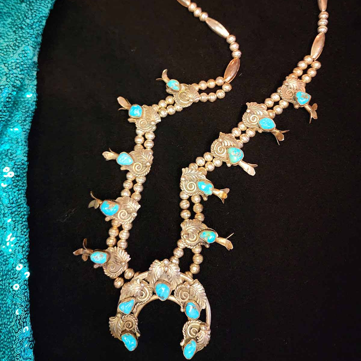 Vintage Navajo Turquoise Sterling Silver Squash Blossom Necklace Stamped by Navajo Artisan Jack Ahasteen