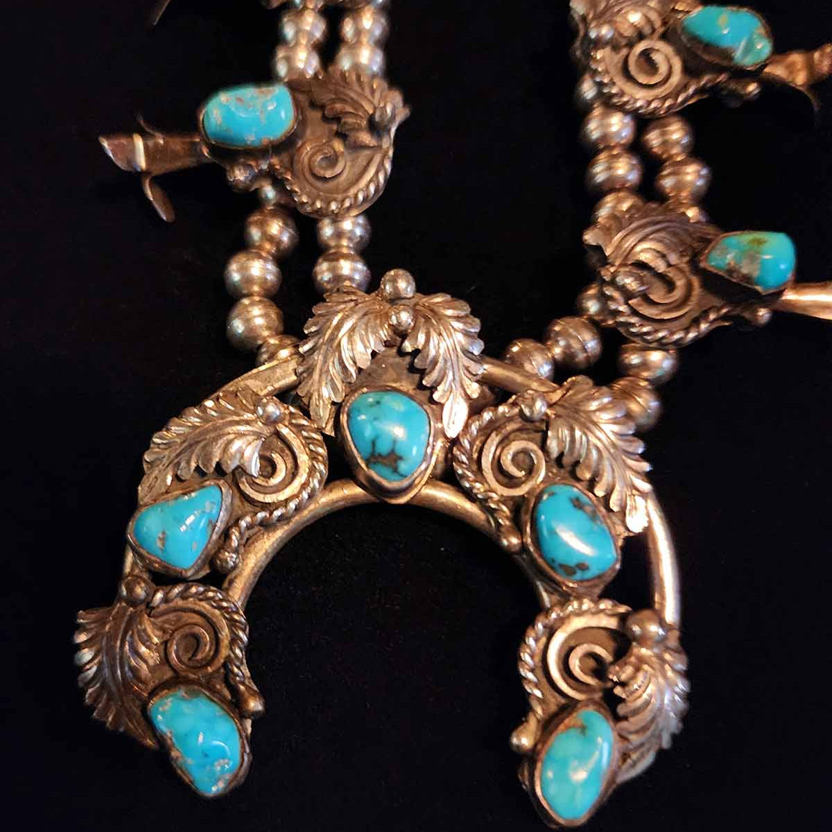 Vintage Navajo Turquoise Sterling Silver Squash Blossom Necklace Stamped by Navajo Artisan Jack Ahasteen