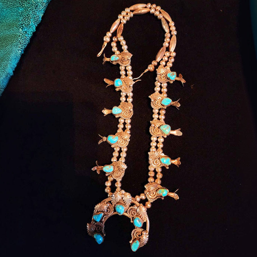 Vintage Navajo Turquoise Sterling Silver Squash Blossom Necklace Stamped by Navajo Artisan Jack Ahasteen