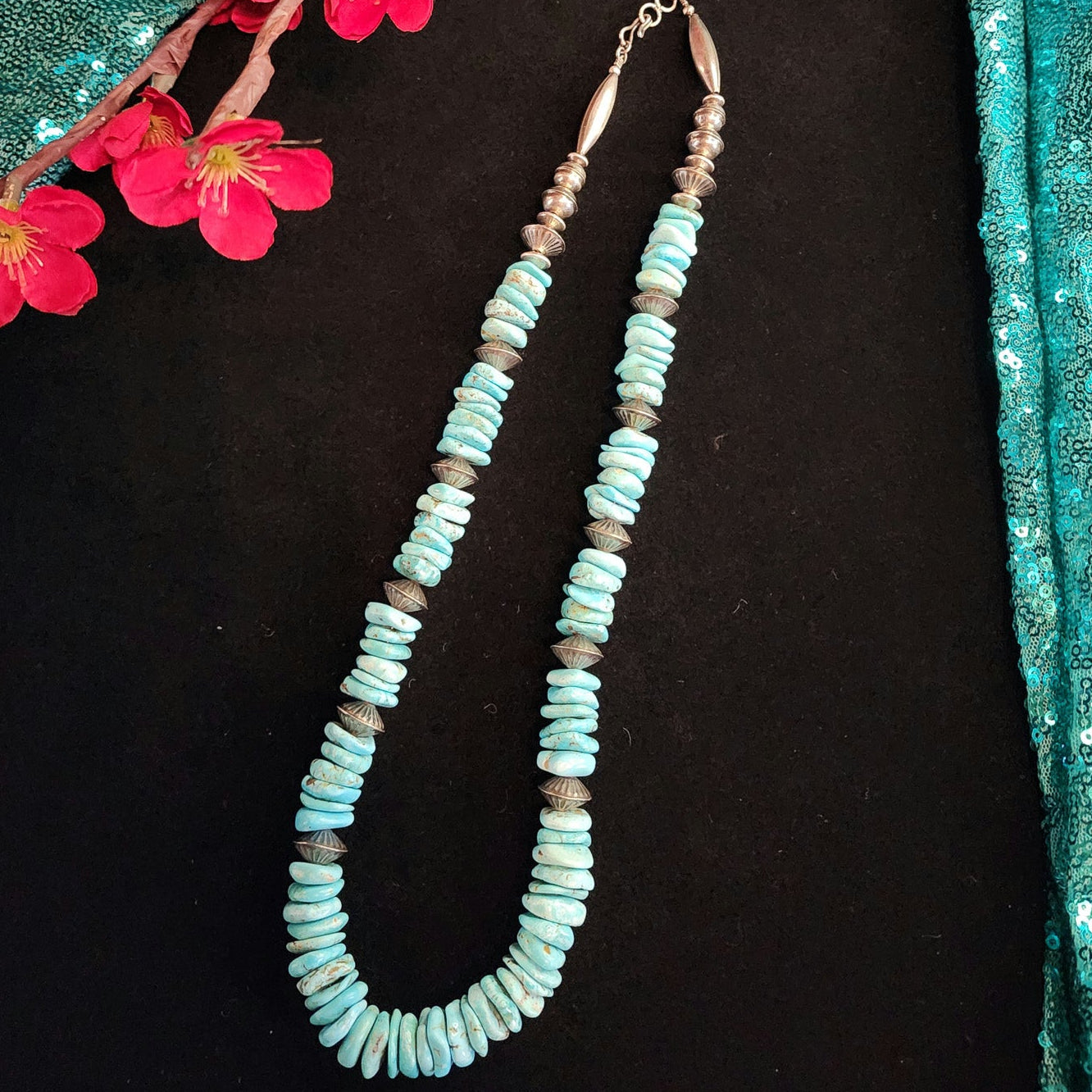 Vintage Turquoise Pearl Fluted Sterling Silver Necklace