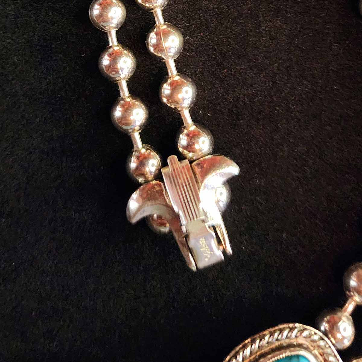 Vintage 60s Pewter Faux Turquoise Squash Blossom Necklace