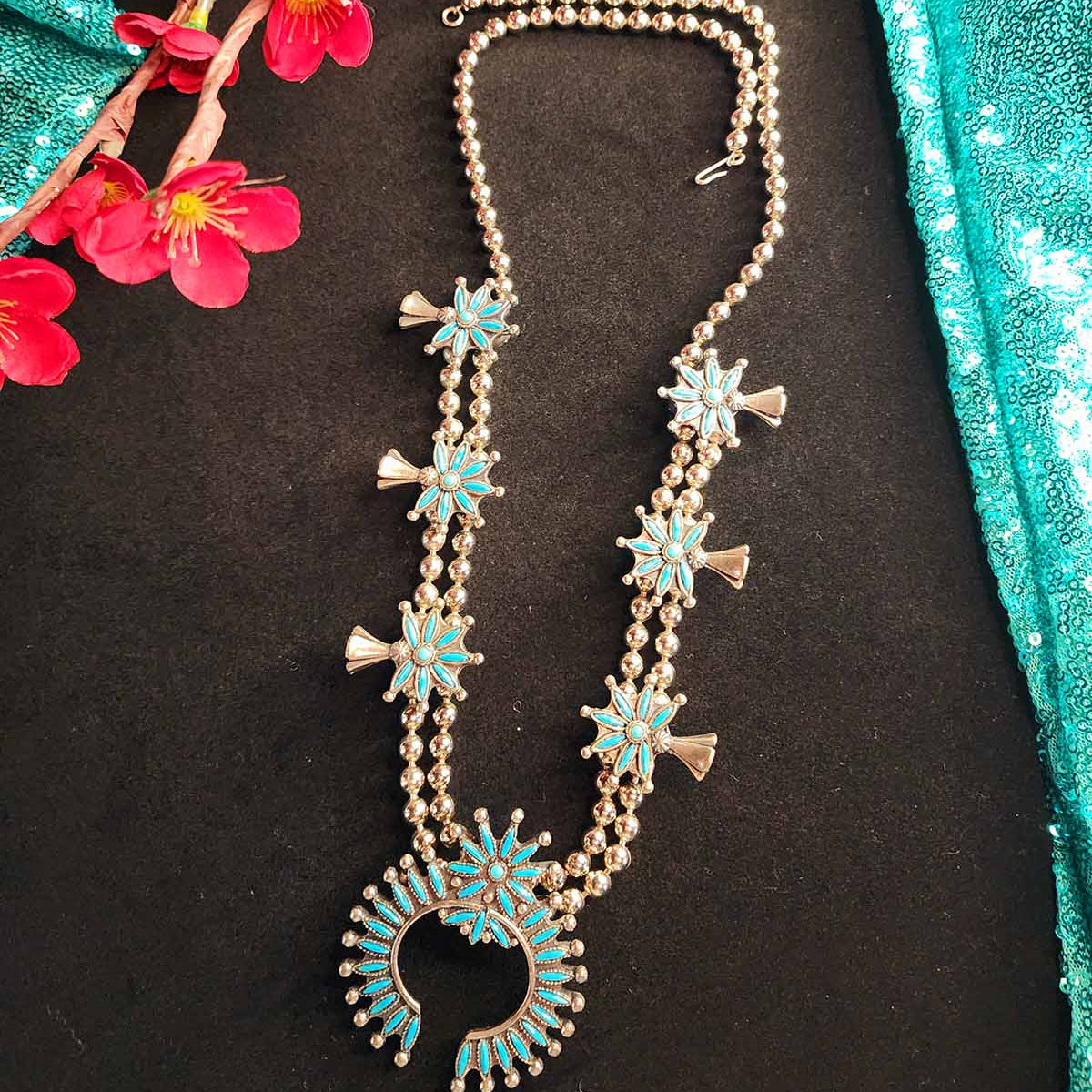 Navajo Laiwakete Zuni Pewter Turquoise Needlepoint Squash Blossom Necklace