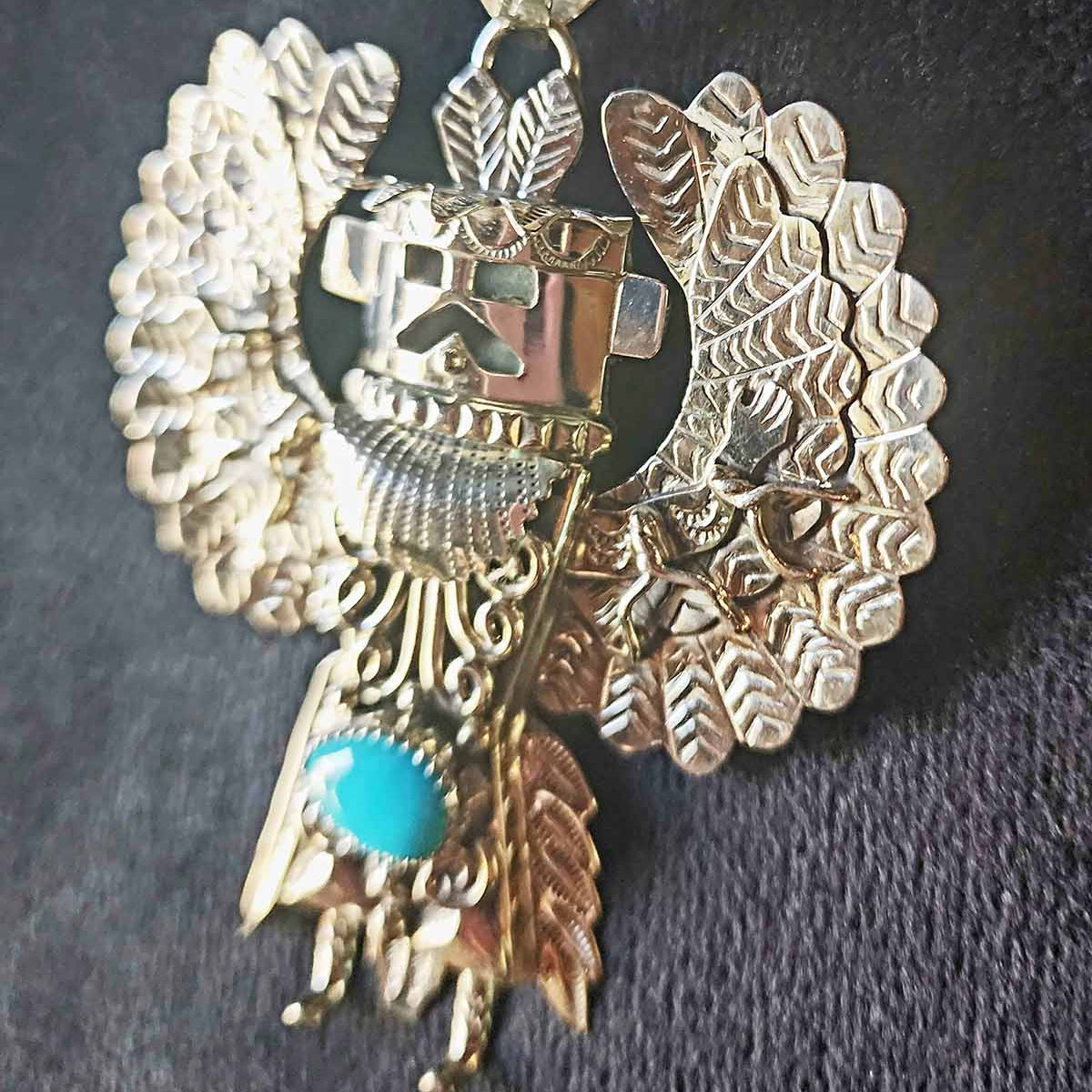 Alonzo Mariano Navajo Silver Plated Eagle Dancer Kachina Turquoise Pendant