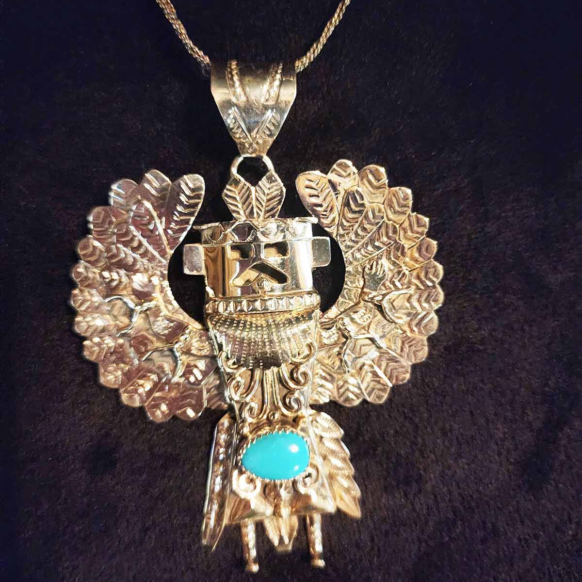 Alonzo Mariano Navajo Silver Plated Eagle Dancer Kachina Turquoise Pendant