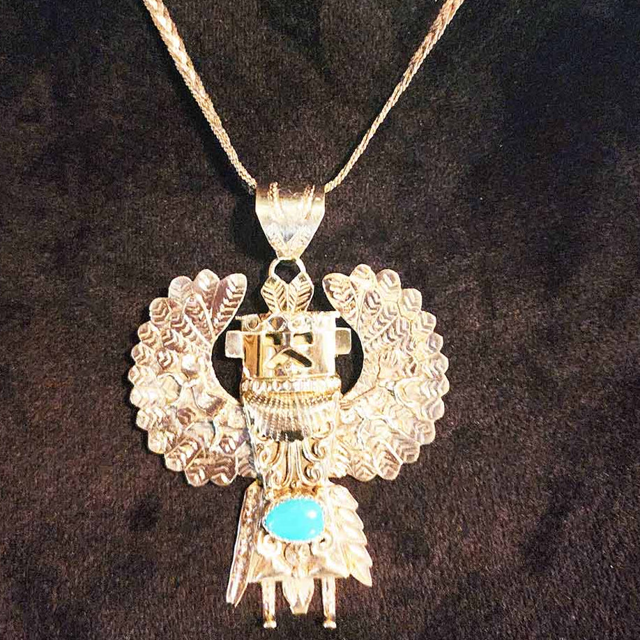 Alonzo Mariano Navajo Silver Plated Eagle Dancer Kachina Turquoise Pendant