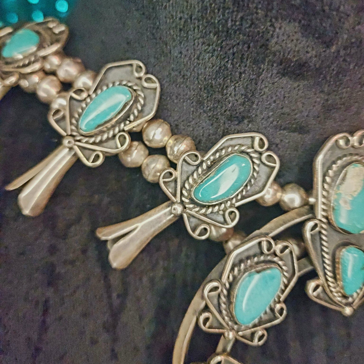 Vintage Navajo Sterling Silver Royston Turquoise Squash Blossom Necklace