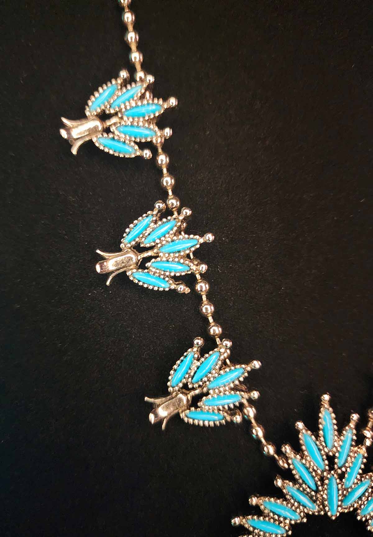 Turquoise Needlepoint Squash Blossom Necklace Naja Pendant Southwestern Statement Jewelry