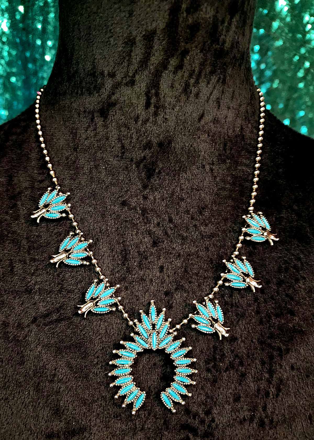 Turquoise Needlepoint Squash Blossom Necklace Naja Pendant Southwestern Statement Jewelry
