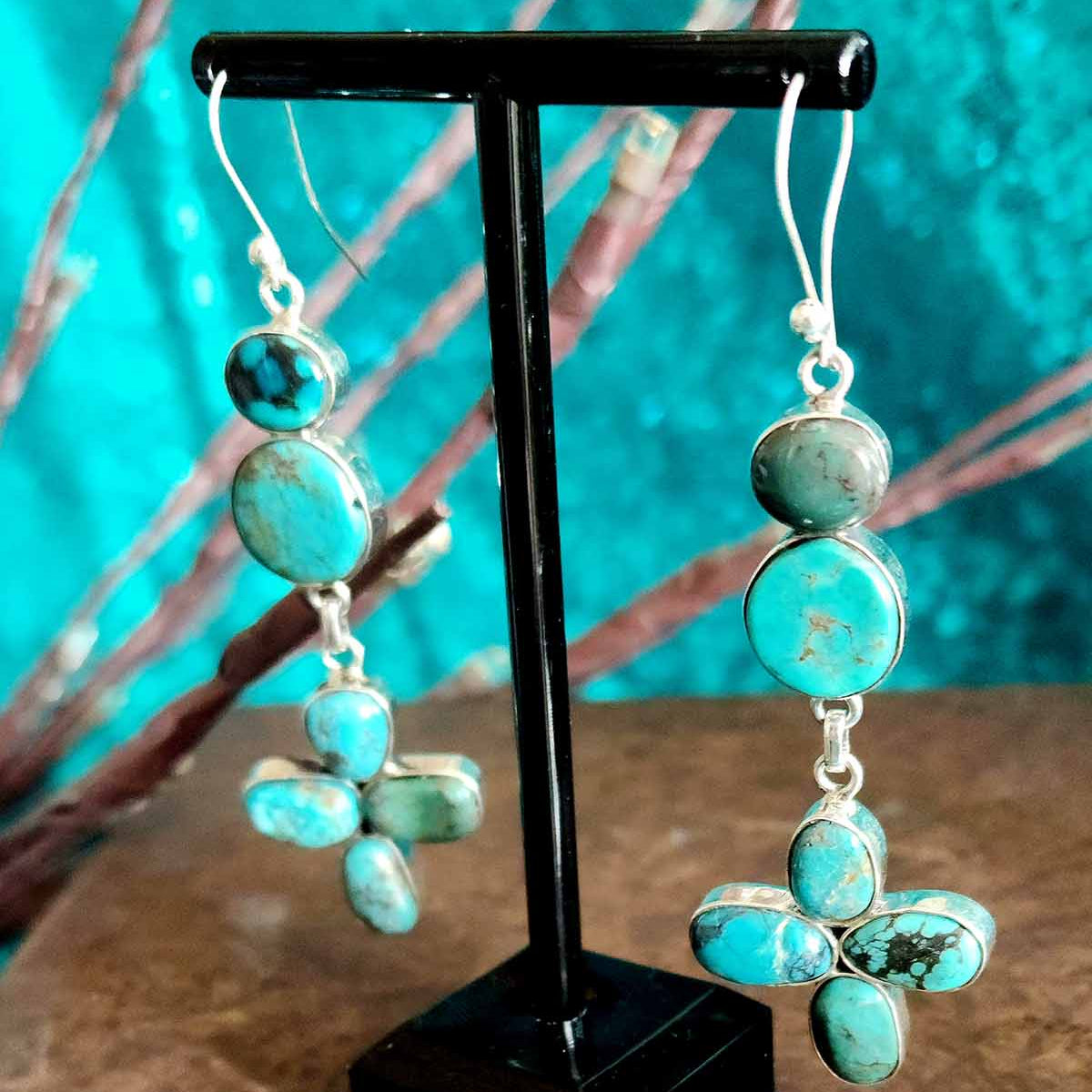 Vintage Natural Kingman Turquoise Dangle Earrings 925 Sterling Silver