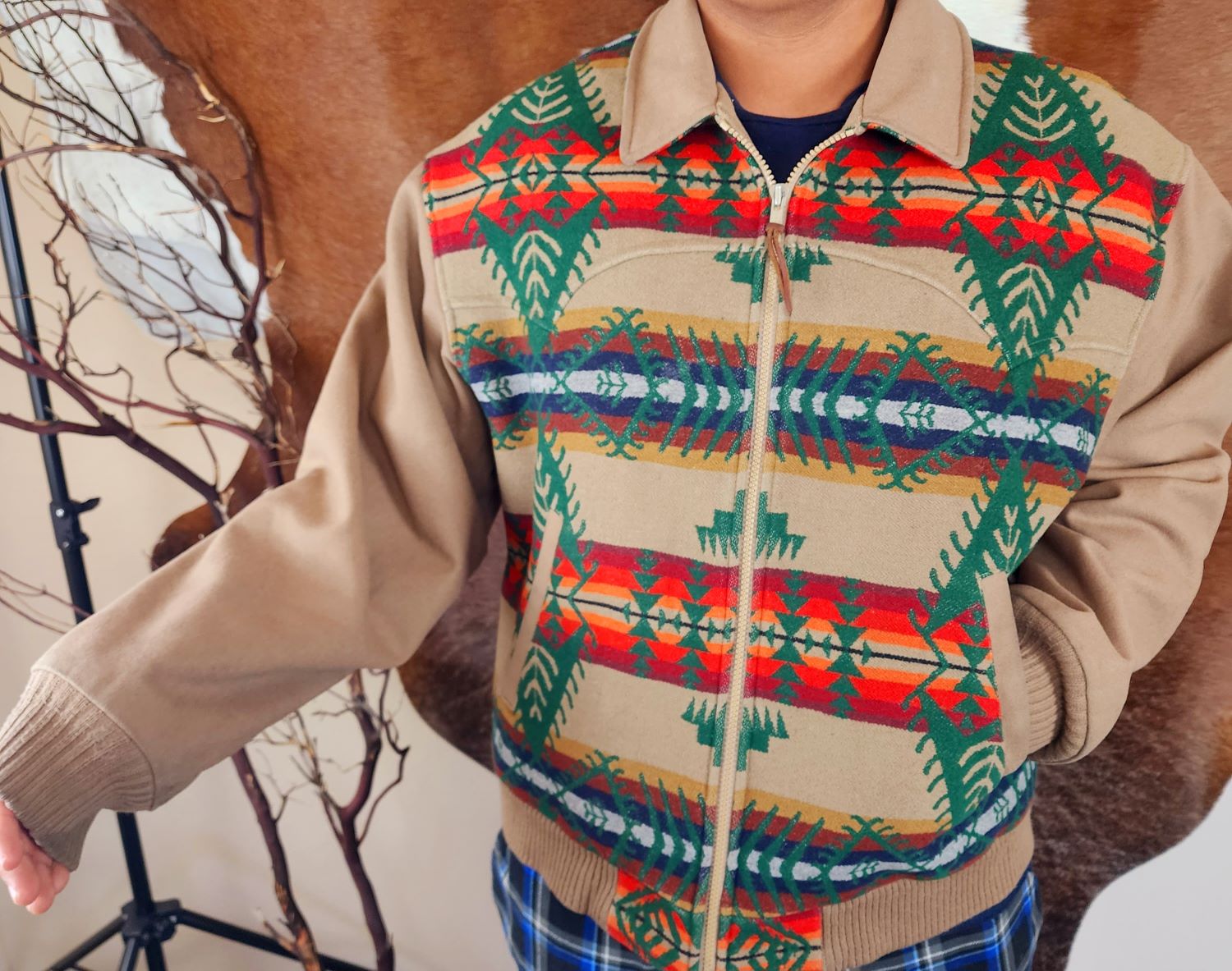 Pendleton Western Jacket XL Wool Blend Aztec Coat Tan Southwestern Zip Up