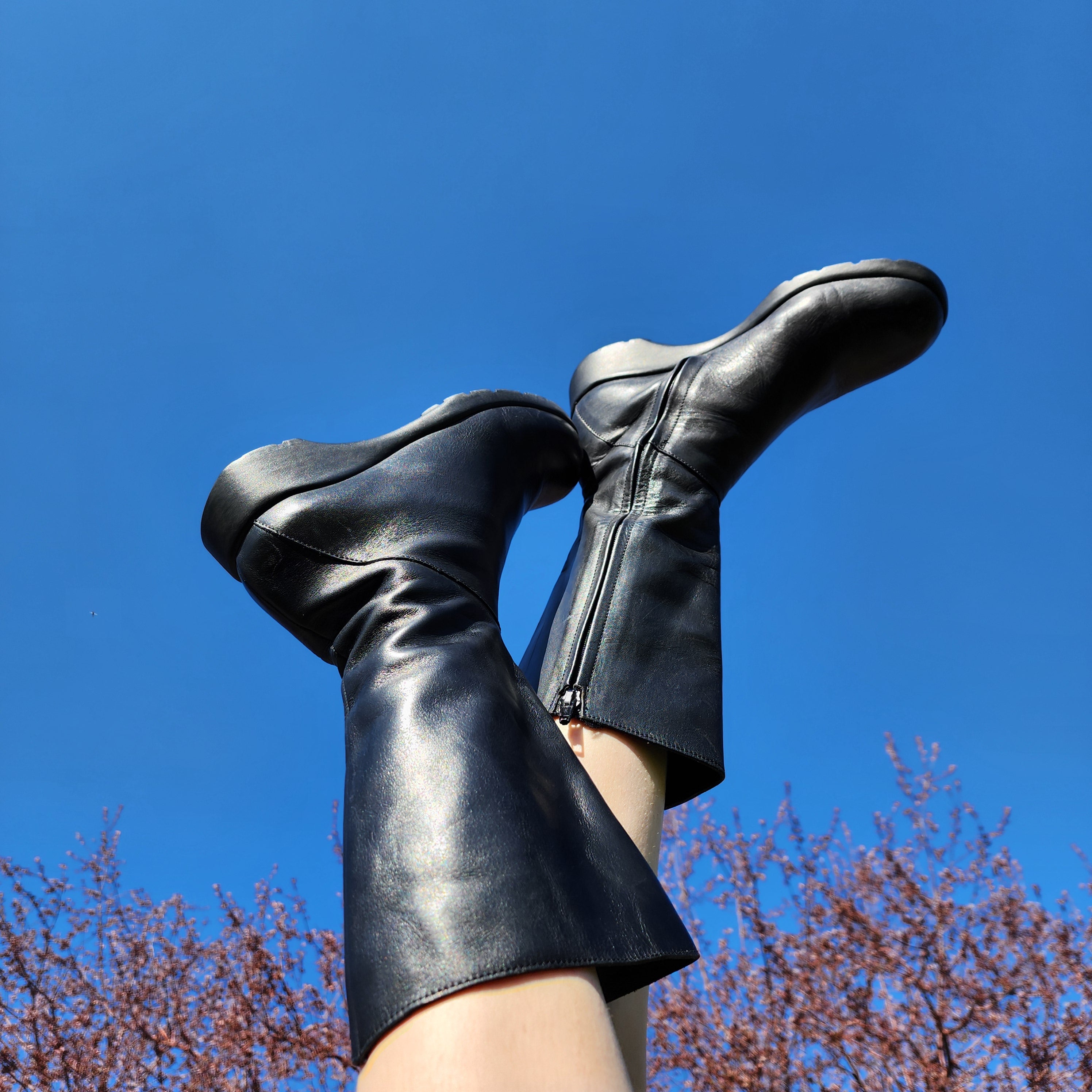 Custom Nation Black Leather Biker Boots Womens Size 9 Mid Calf Moto Boots Zip