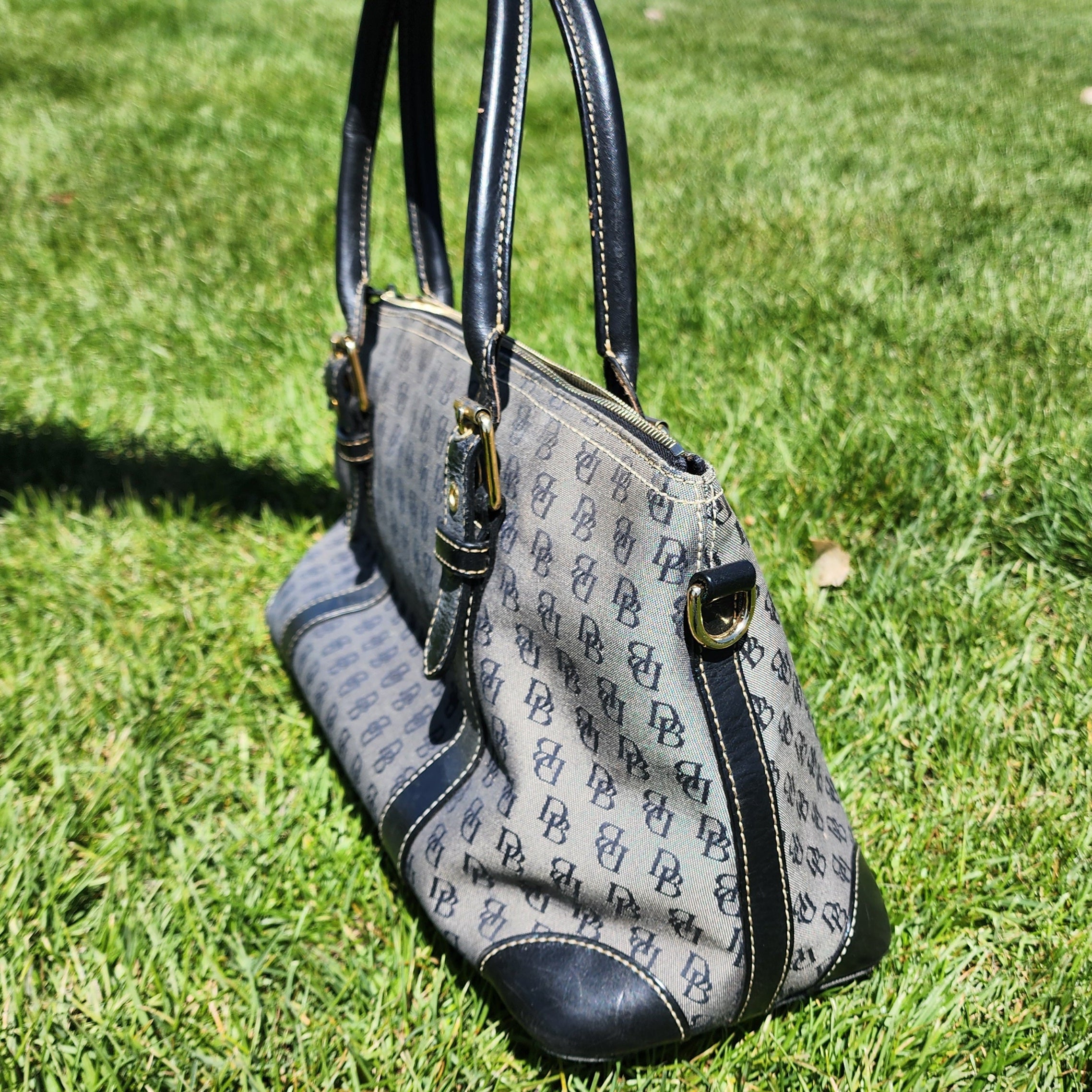 Dooney & Bourke Signature DB Grey/Black Canvas Purse with Black Leather