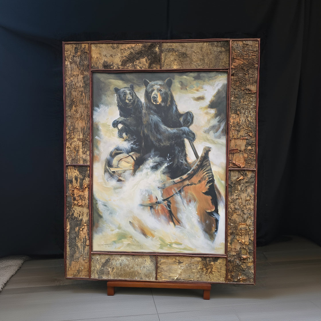 “Running the Rapids” Marilynn Dwyer Mason – Limited Edition Bear Canoe Art Framed Canvas 74/500 51x42