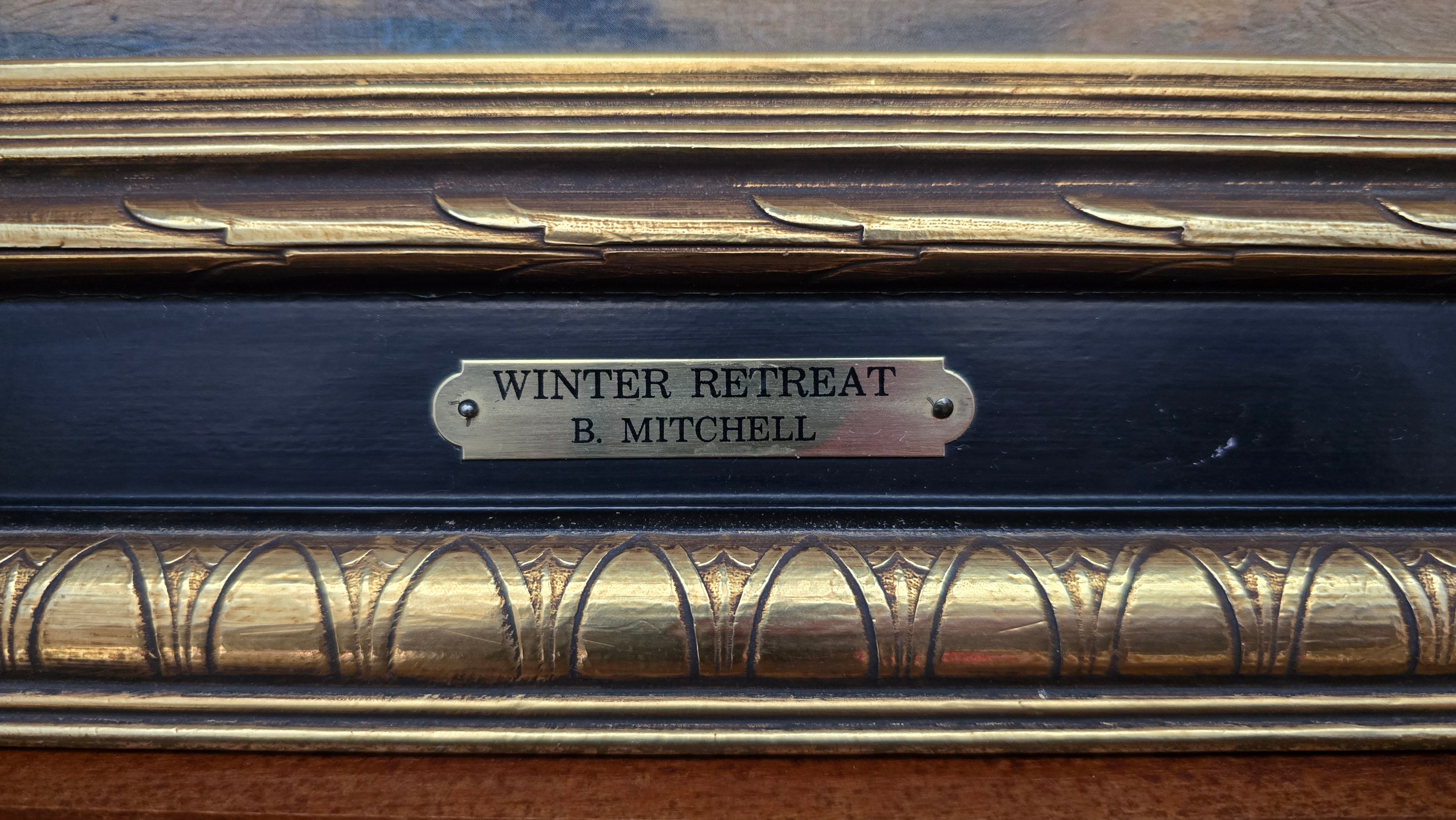 Bruce Mitchell “Winter Retreat” Framed Cabin Snow Painting – Large Rustic Winter Wall Art 36x48