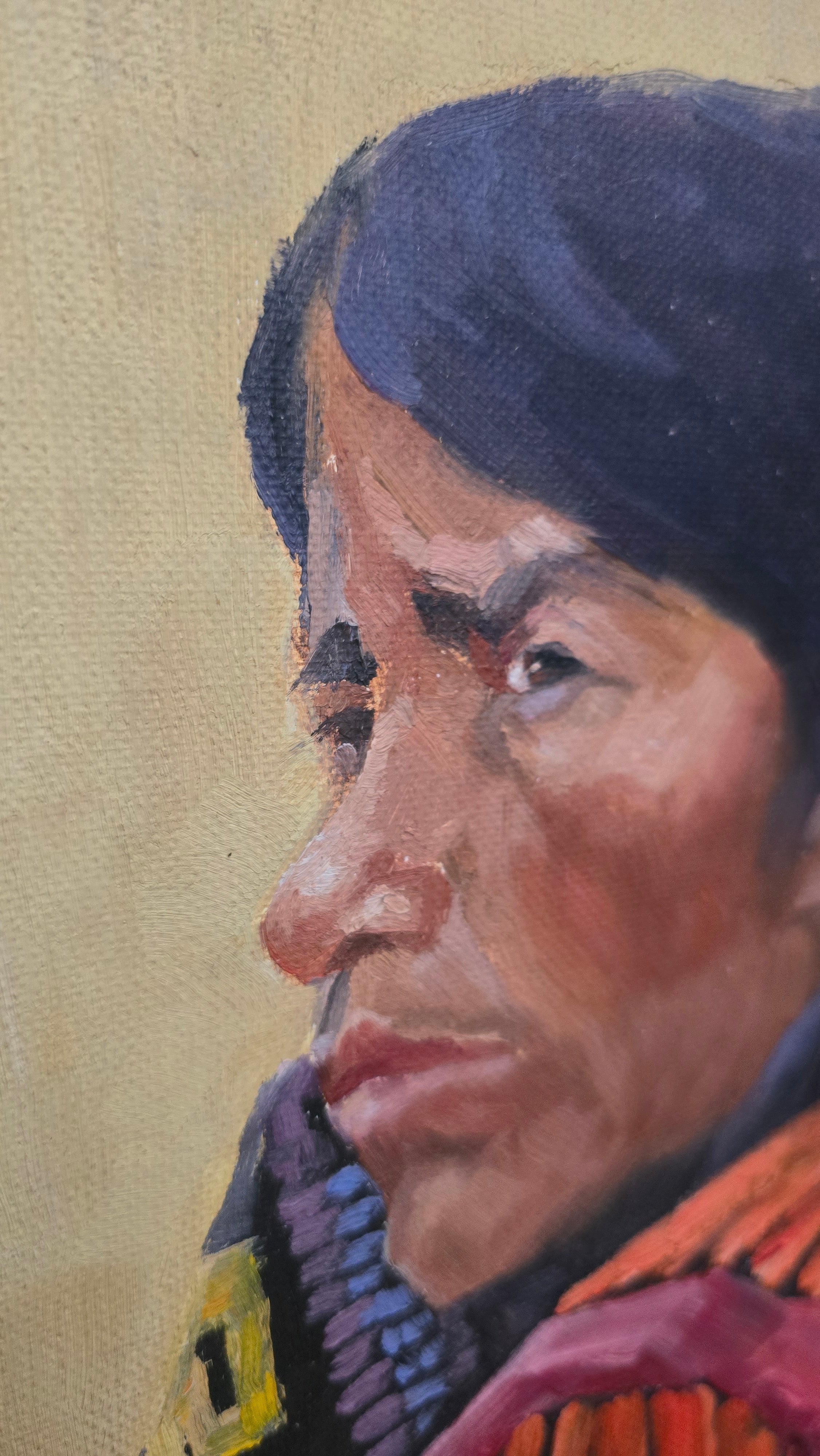 Native American Portrait Painting by Richard Dirk – Framed Rustic Mixed Media Wall Art 20x23