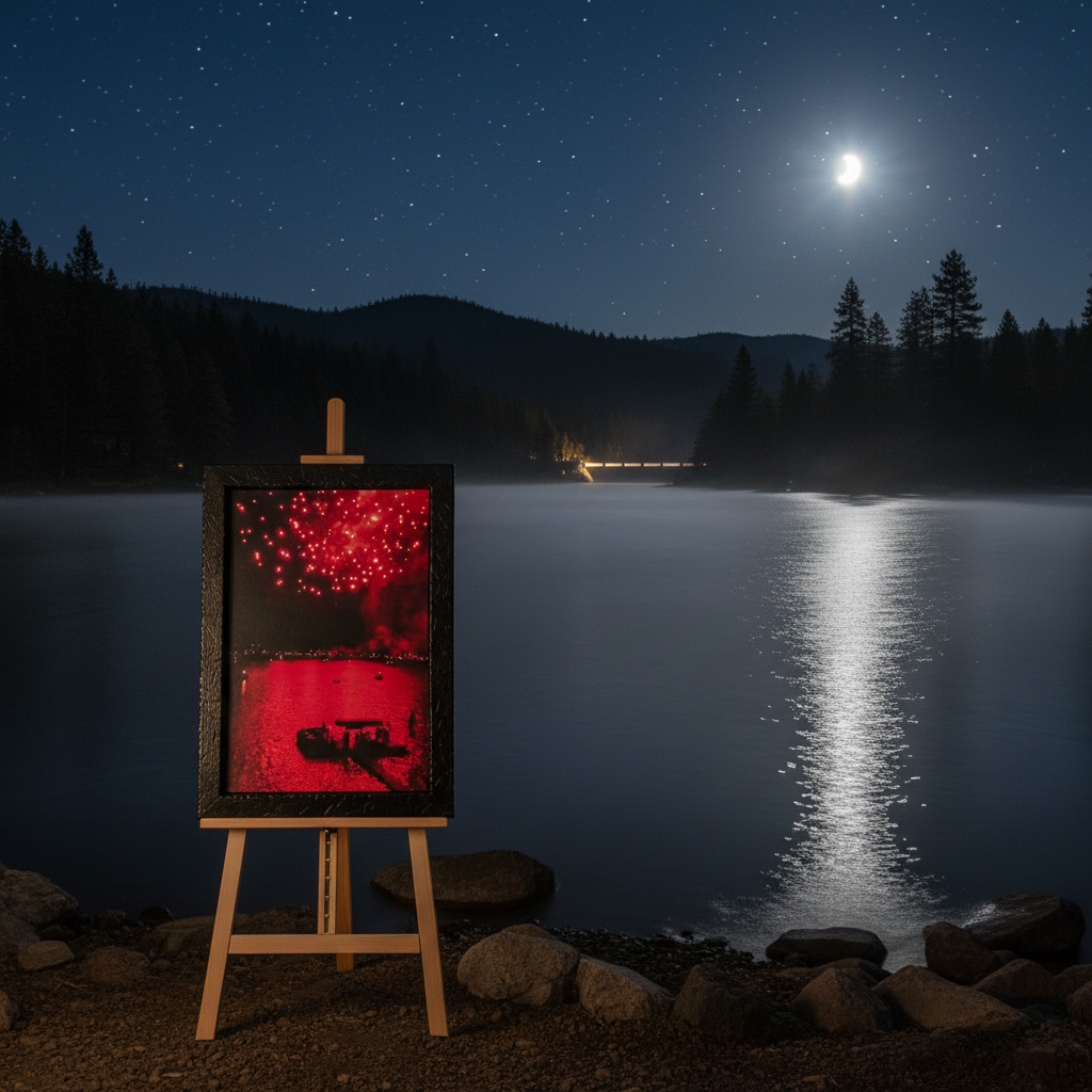 Original John Hummel Red Fireworks Photo Print Big Bear Lake California 25x35 Framed Wall Art