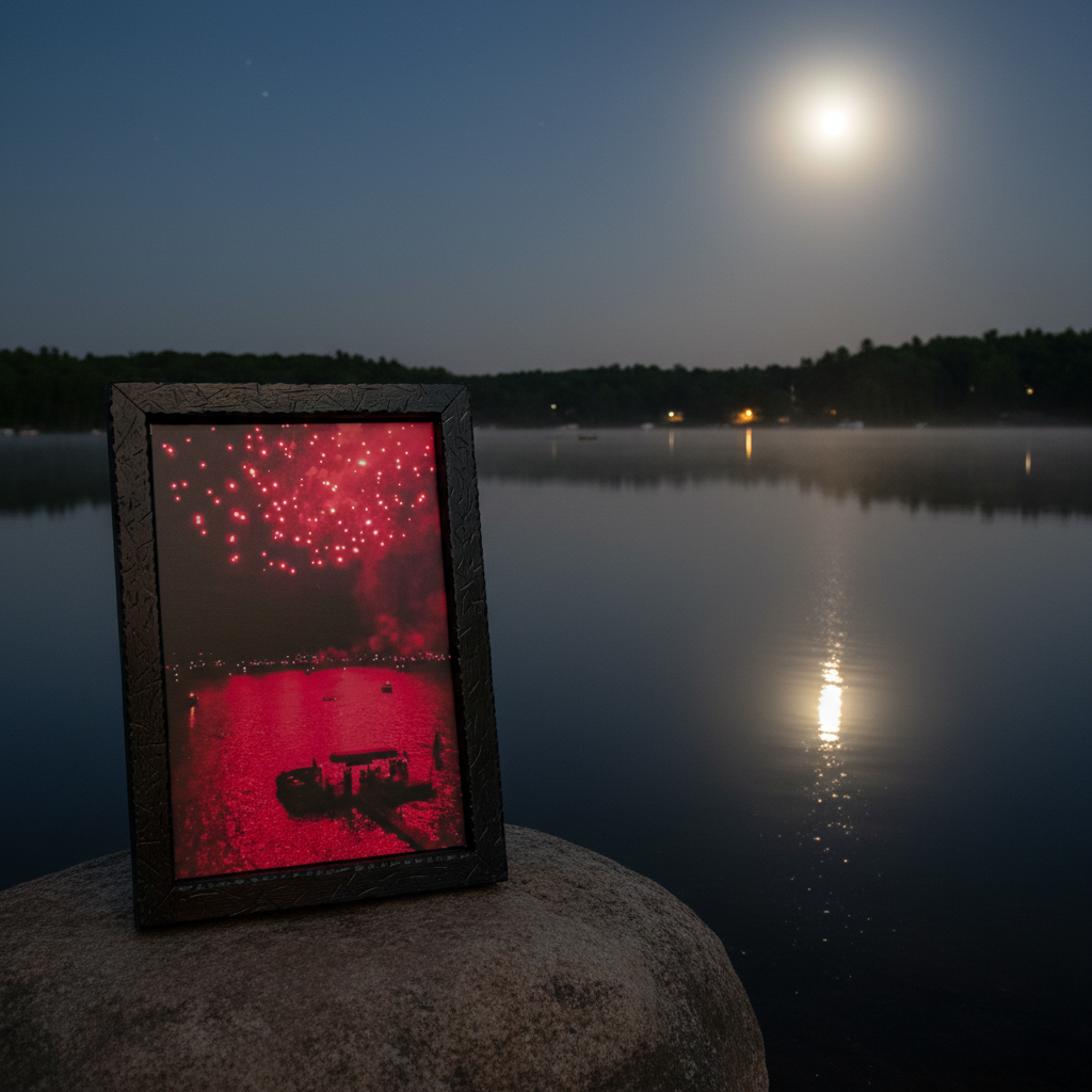Original John Hummel Red Fireworks Photo Print Big Bear Lake California 25x35 Framed Wall Art