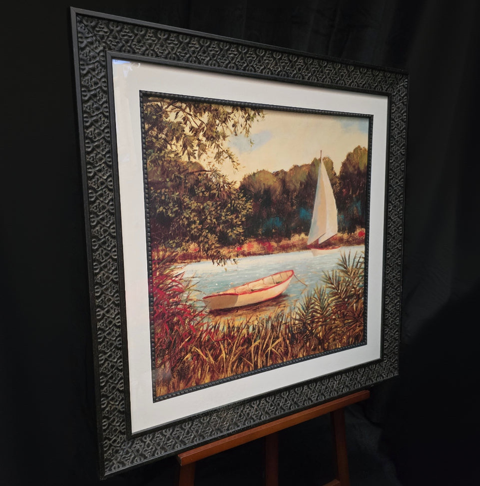 Printed Copy of a Sailboat with Canoe Floating on River By Artist James Weins