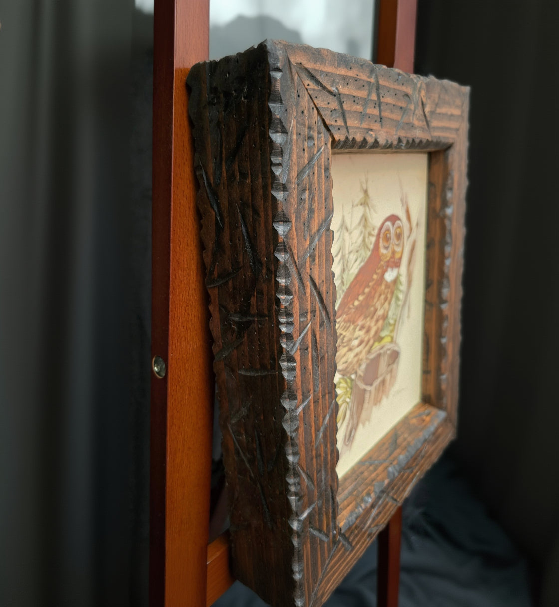vintage 1970s J O’Brien framed owl lithograph with rustic carved wood frame woodland cabin lodge wall art