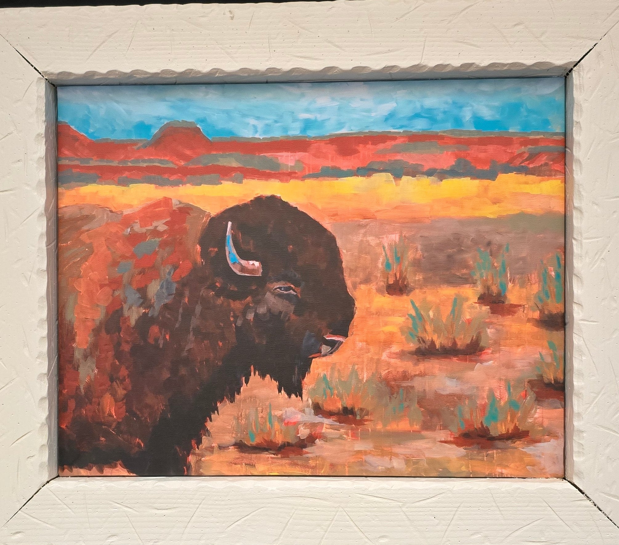 Buffalo at the Ridge canvas transfer print framed white wood western bison wall art 23x19 inches