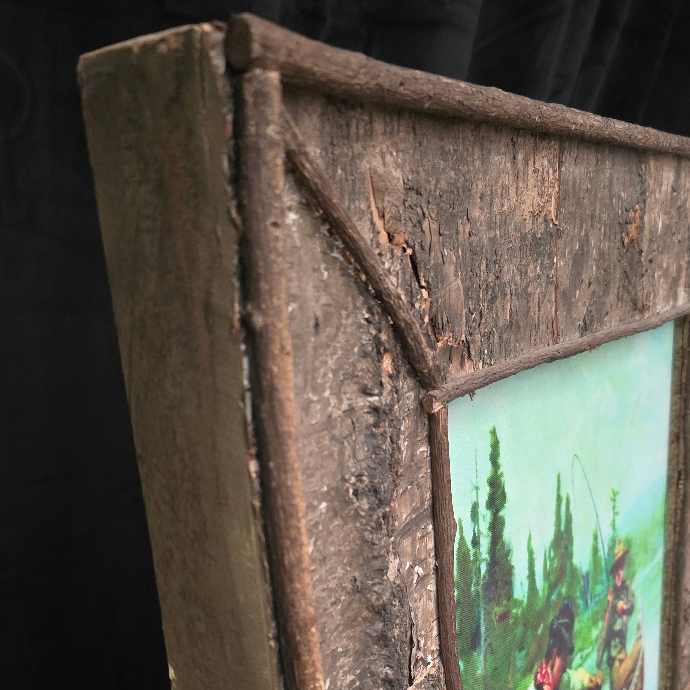"Reeling in a Big One" By Jimi McKee Canvas Transfer with Custom Birch Bark Adirondack Style Frame