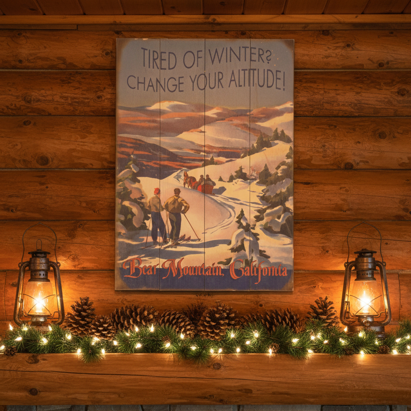 "Tired of Winter " Bear Mountain California Wood Plank Advertisement Sign
