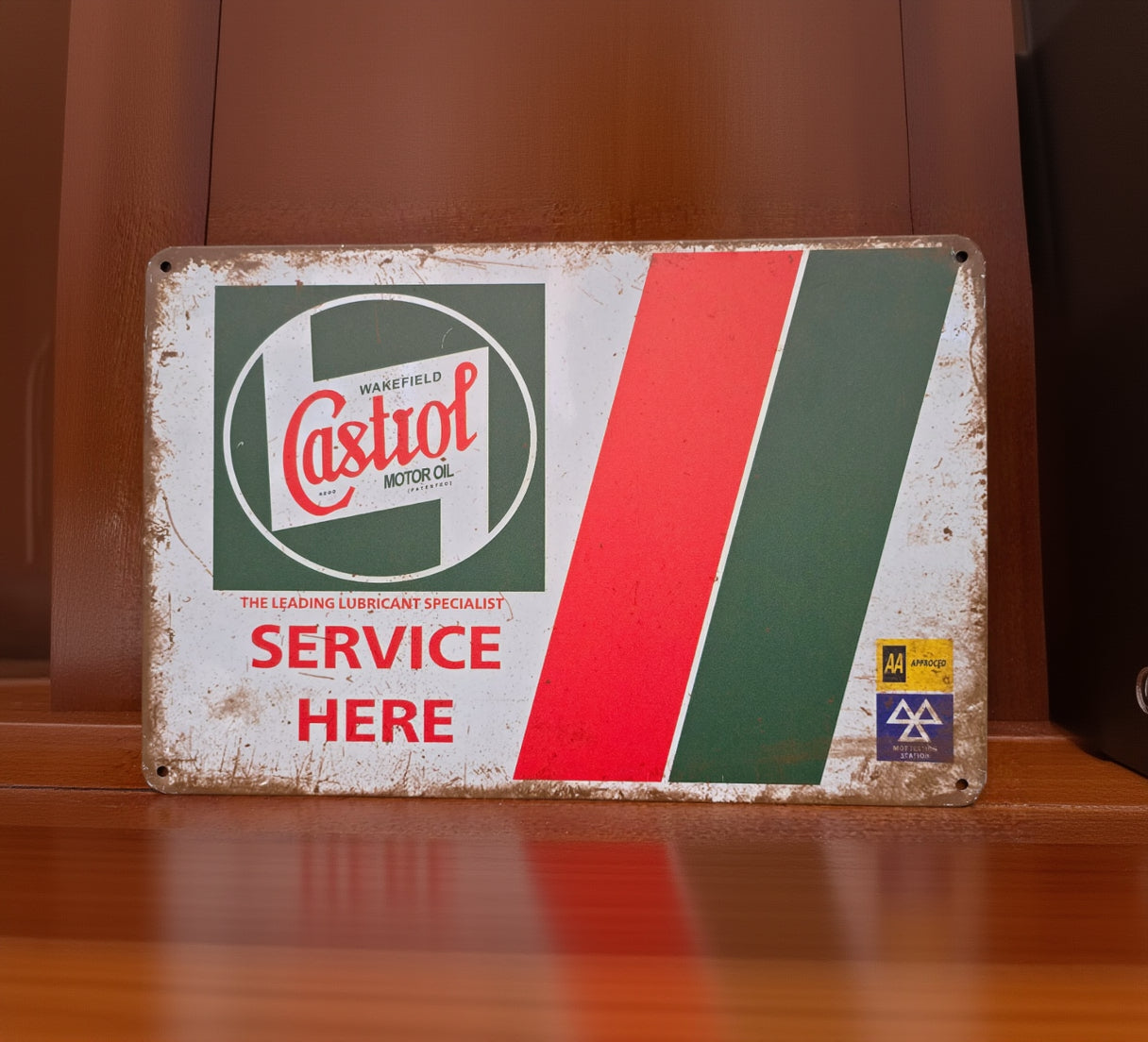 Vintage-style metal advertisement tin sign featuring retro Americana, automotive, gasoline, soda, and garage-themed artwork with distressed classic graphics and nostalgic decor styling.