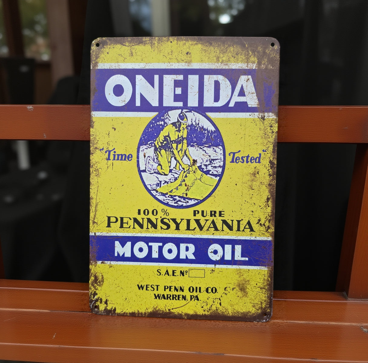 Vintage-style metal advertisement tin sign featuring retro Americana, automotive, gasoline, soda, and garage-themed artwork with distressed classic graphics and nostalgic decor styling.