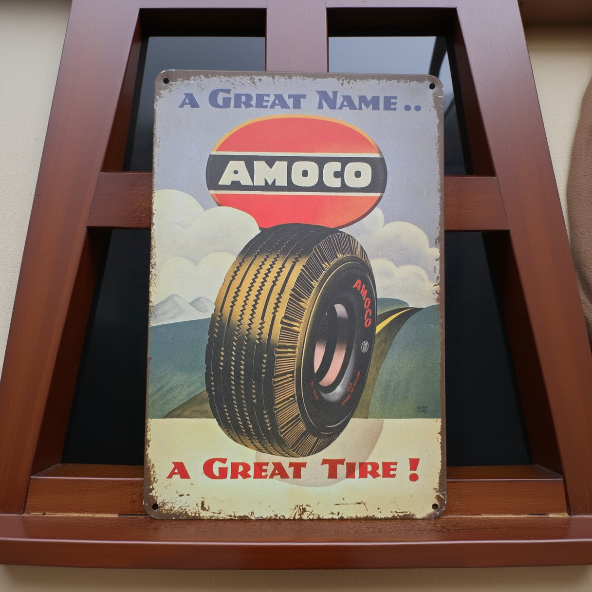 Vintage-style metal advertisement tin sign featuring retro Americana, automotive, gasoline, soda, and garage-themed artwork with distressed classic graphics and nostalgic decor styling.