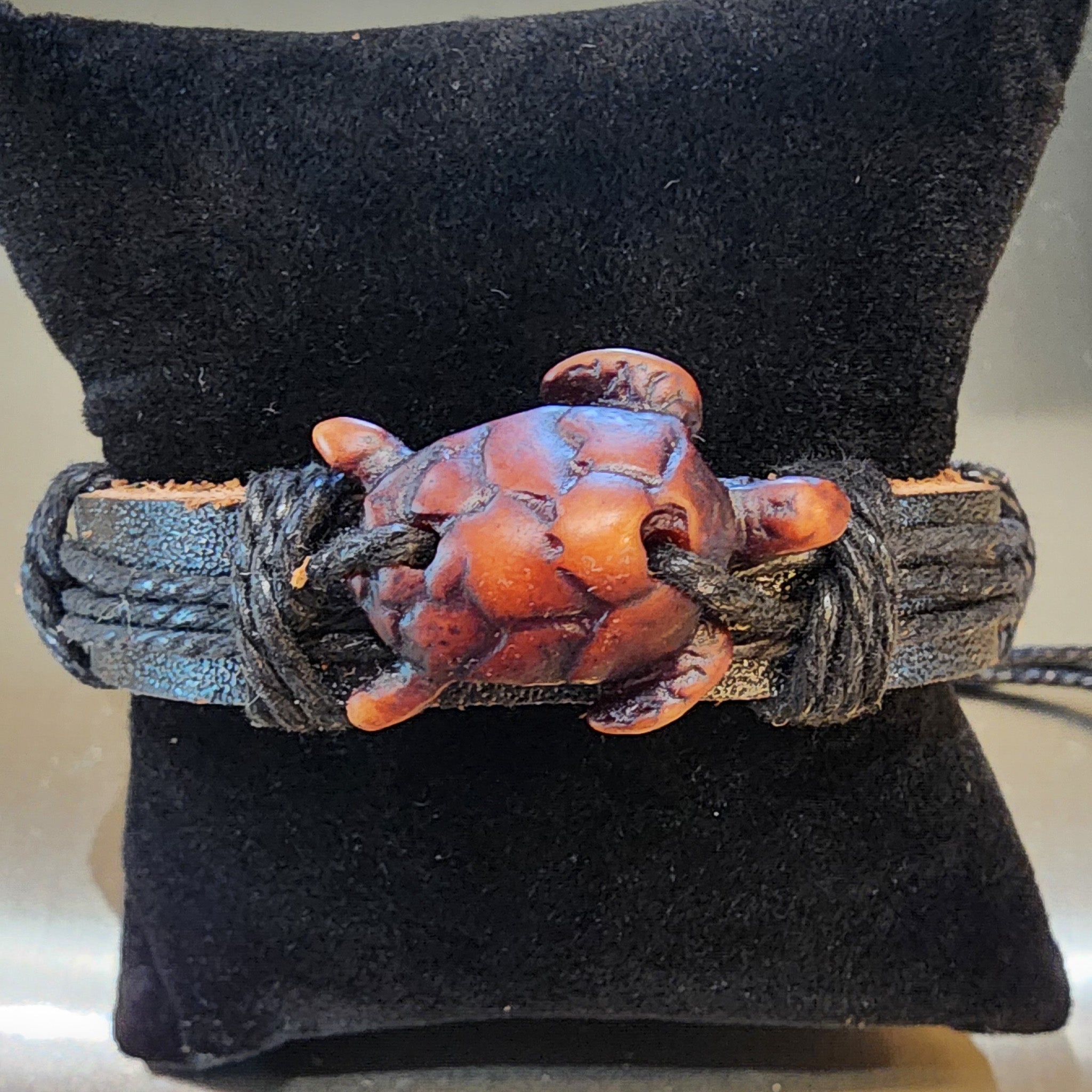 Brown Leather and Jute Cord with Turtle Resin Charm Adjustable Bracelet