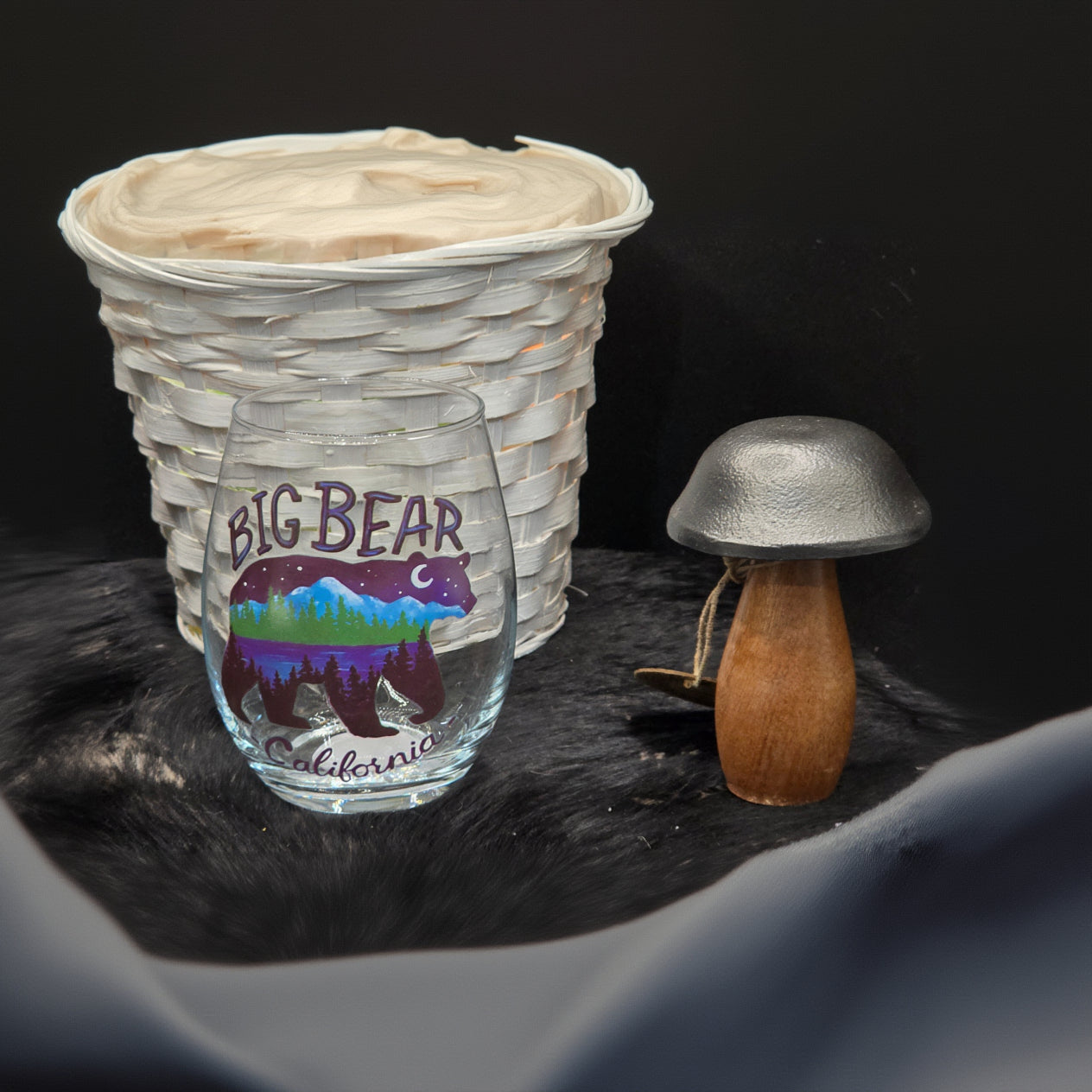 Big Bear California stemless wine glass with hand painted bear silhouette mountain forest and lake scene rustic cabin drinkware