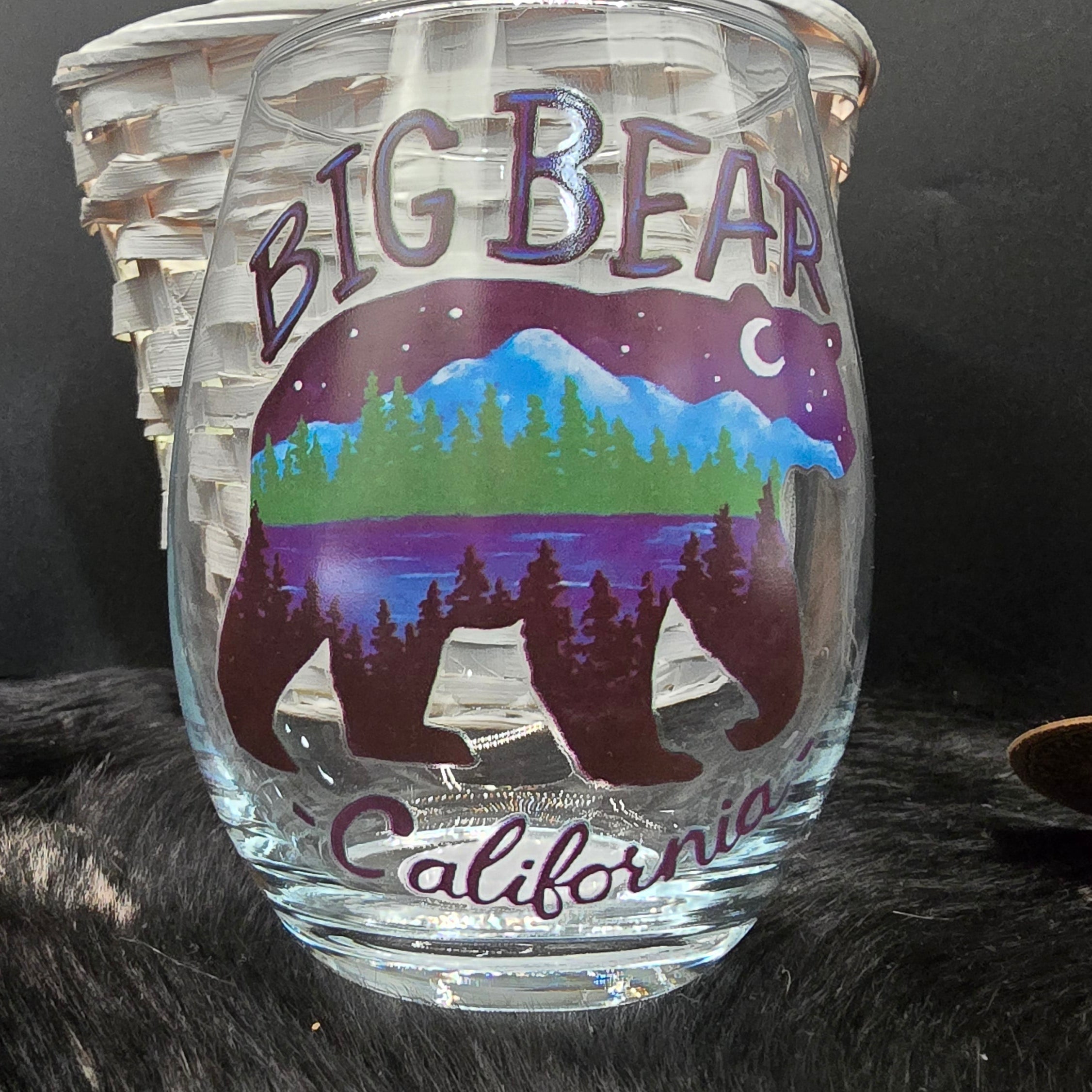 Glass tumbler with 'Big Bear California' design featuring a bear and landscape.