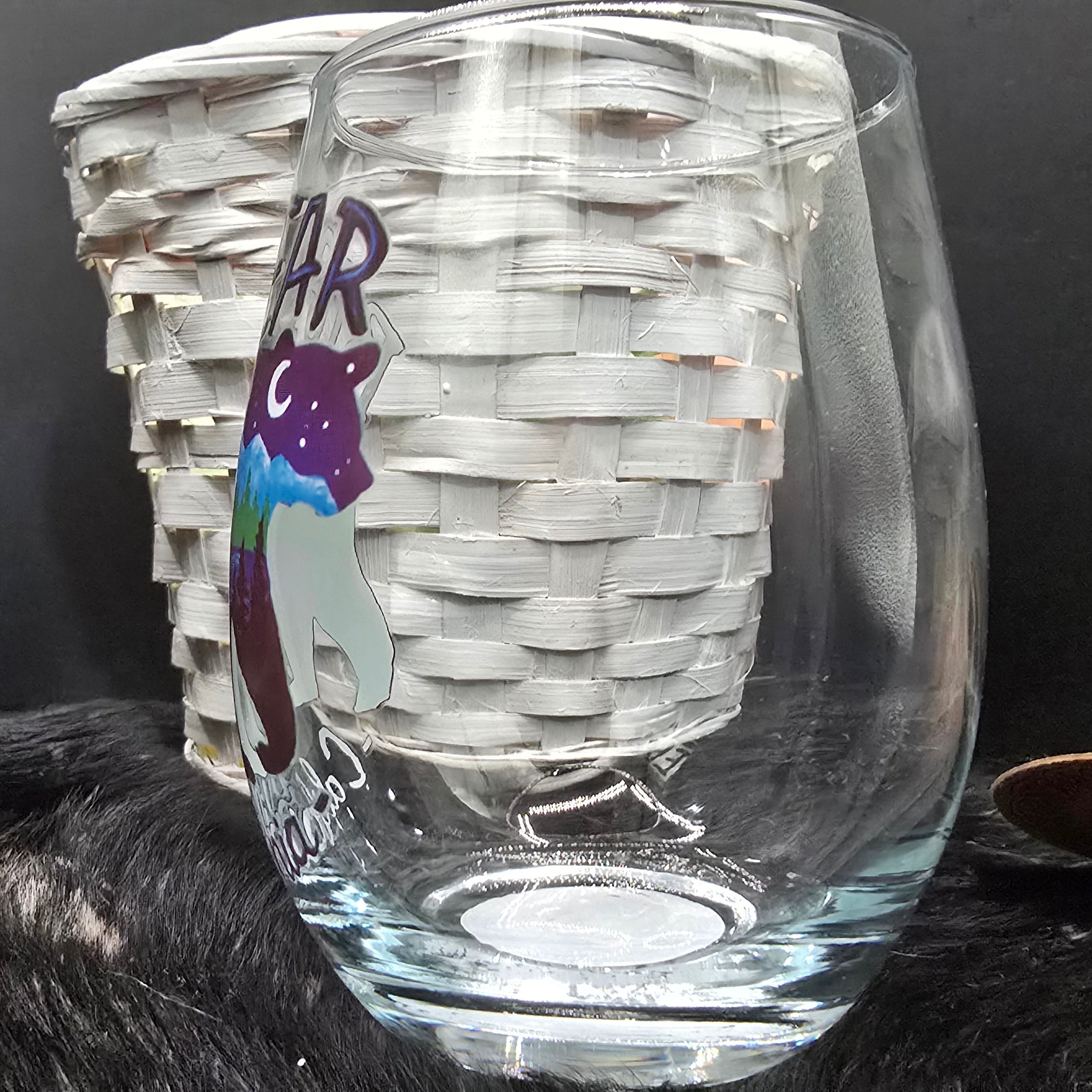 Big Bear California stemless wine glass with hand painted bear silhouette mountain forest and lake scene rustic cabin drinkware