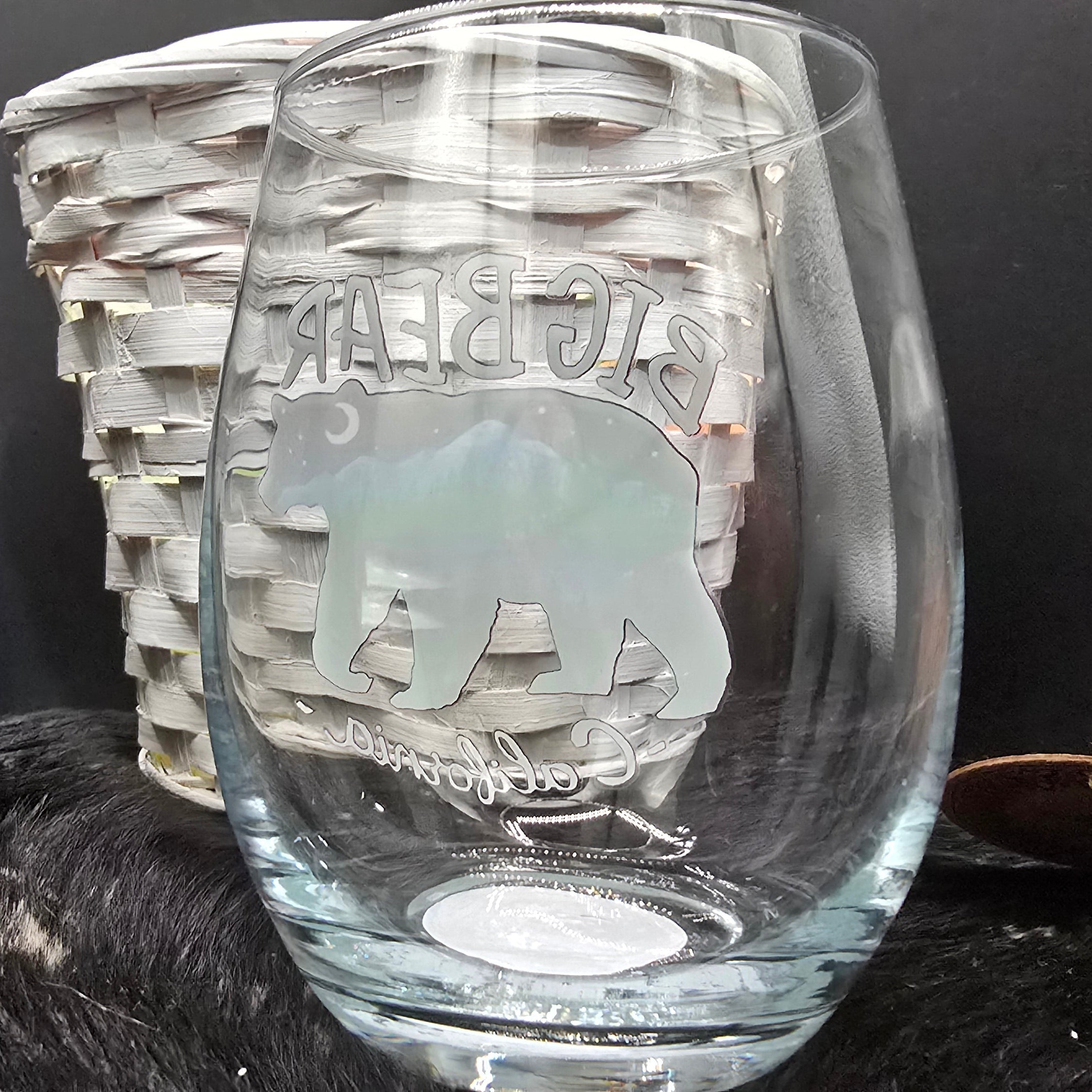 Big Bear California Stemless Wine Glass Hand Painted Bear Mountain Design