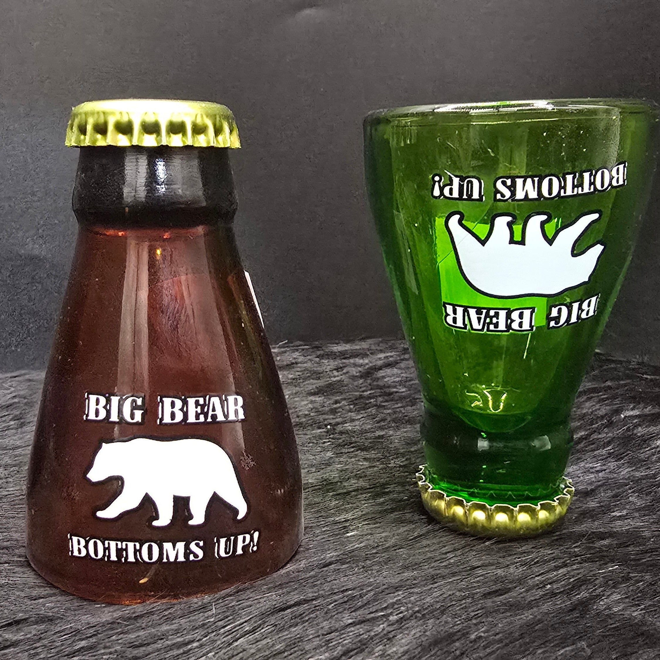 Big Bear Bottle Top with Cap Shot Glass "Bottoms Up"