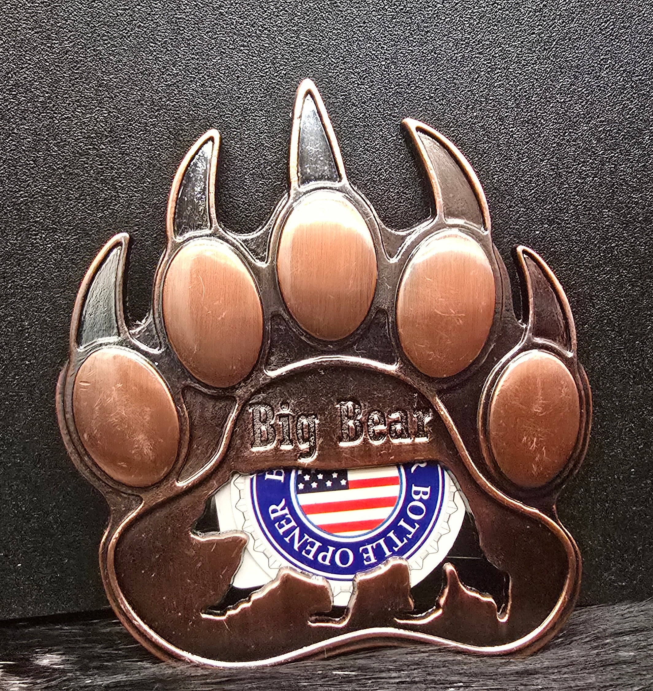 big bear california bear paw shaped metal bottle opener magnet measuring 3 by 2.75 inches with multiple finishes available